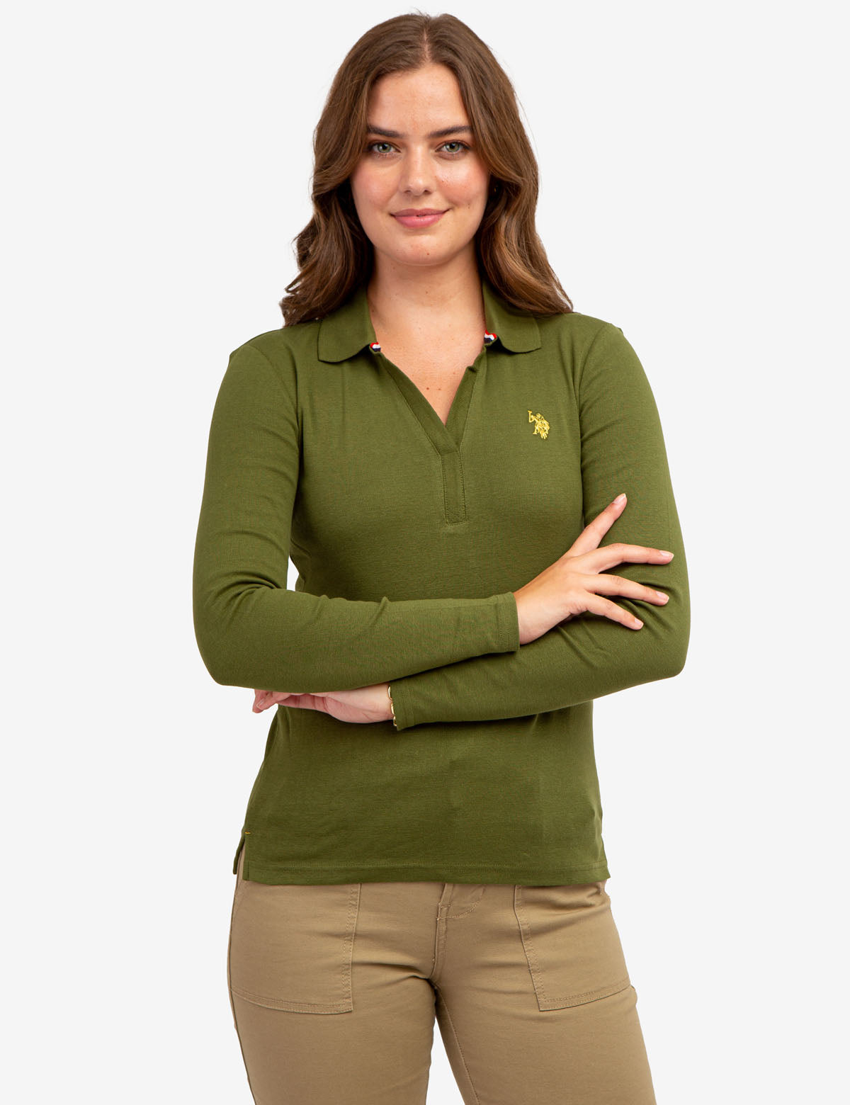 Ribbed Split Neck Long Sleeve Polo Shirt