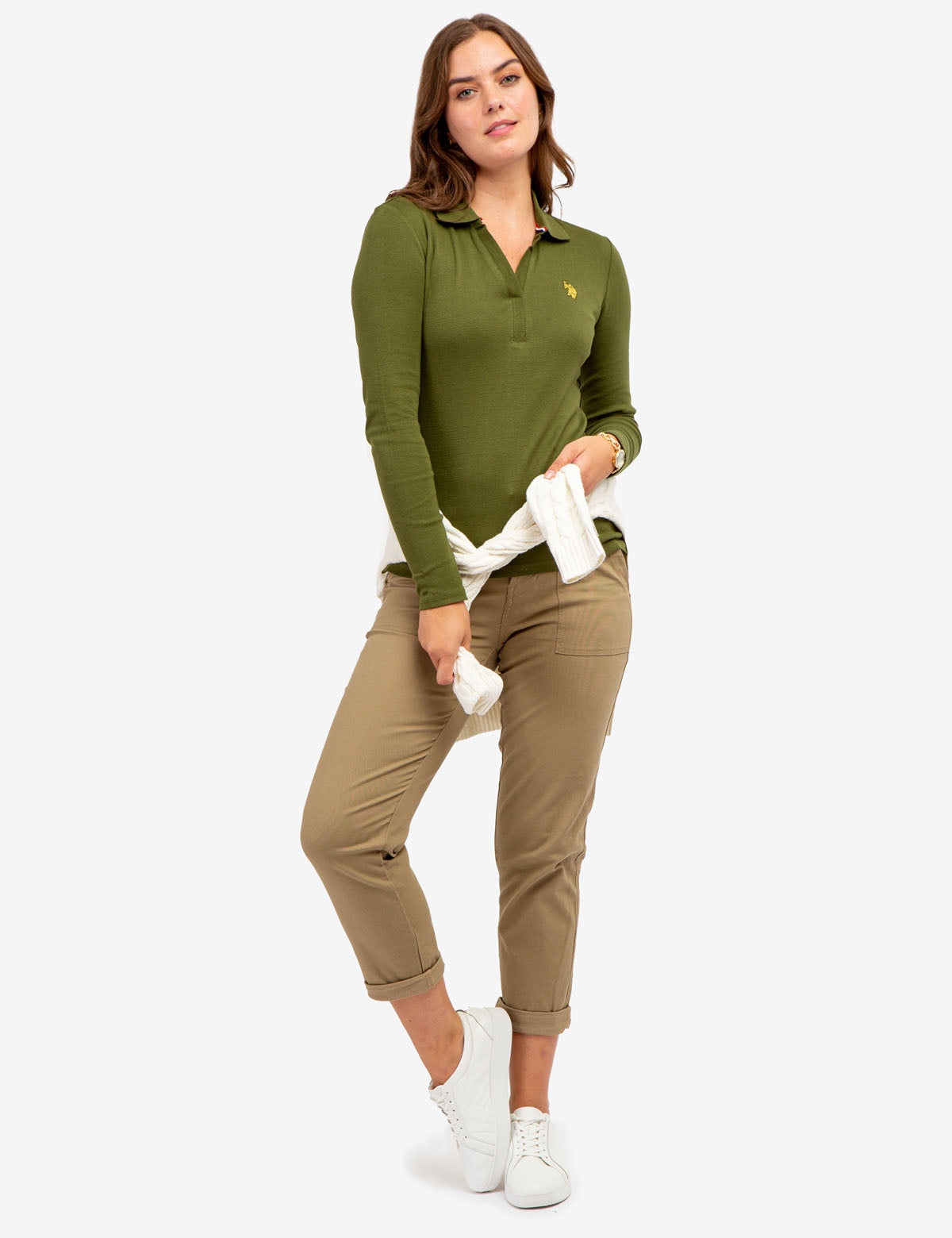 Ribbed Split Neck Long Sleeve Polo Shirt