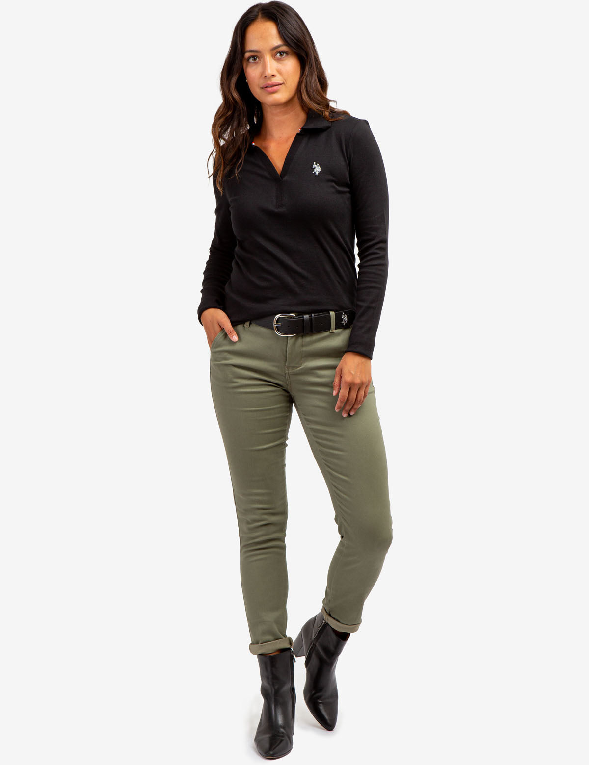 Ribbed Split Neck Long Sleeve Polo Shirt
