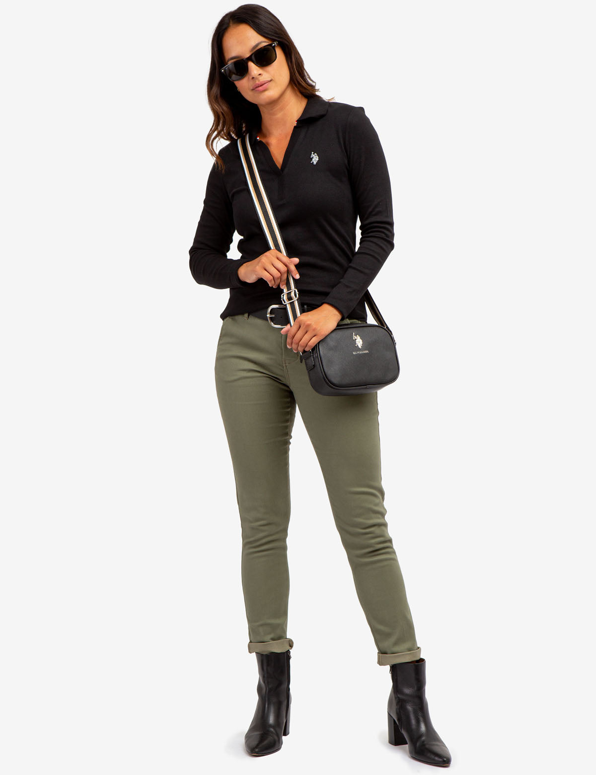 Ribbed Split Neck Long Sleeve Polo Shirt