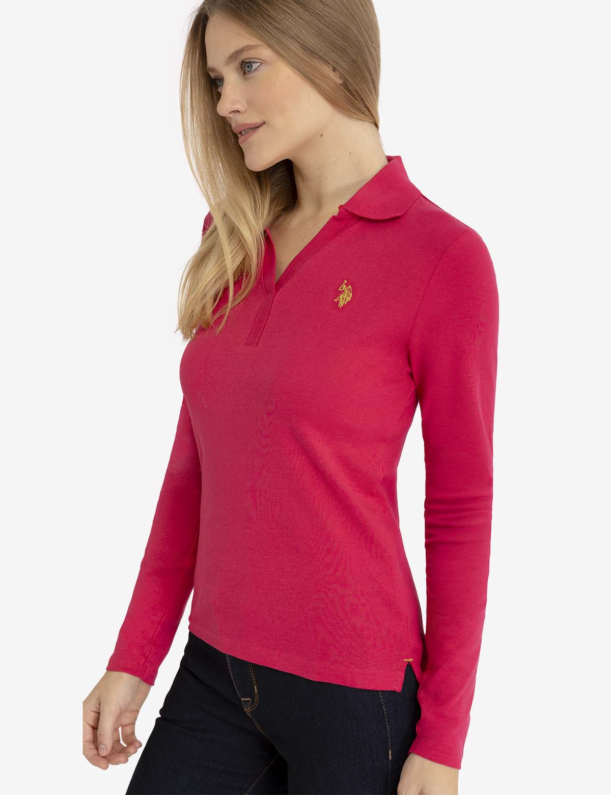 Ribbed Split Neck Long Sleeve Polo Shirt