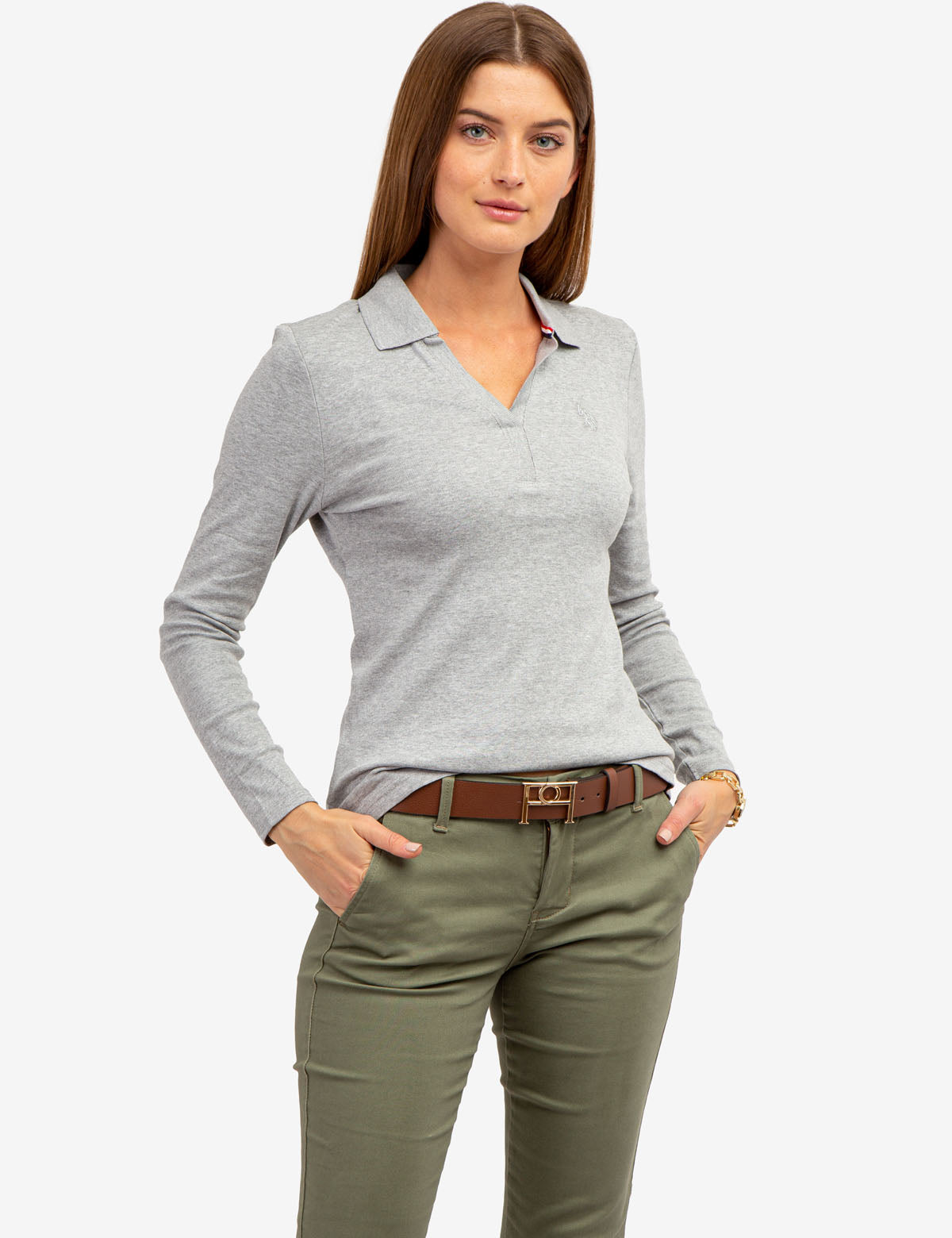 Ribbed Split Neck Long Sleeve Polo Shirt