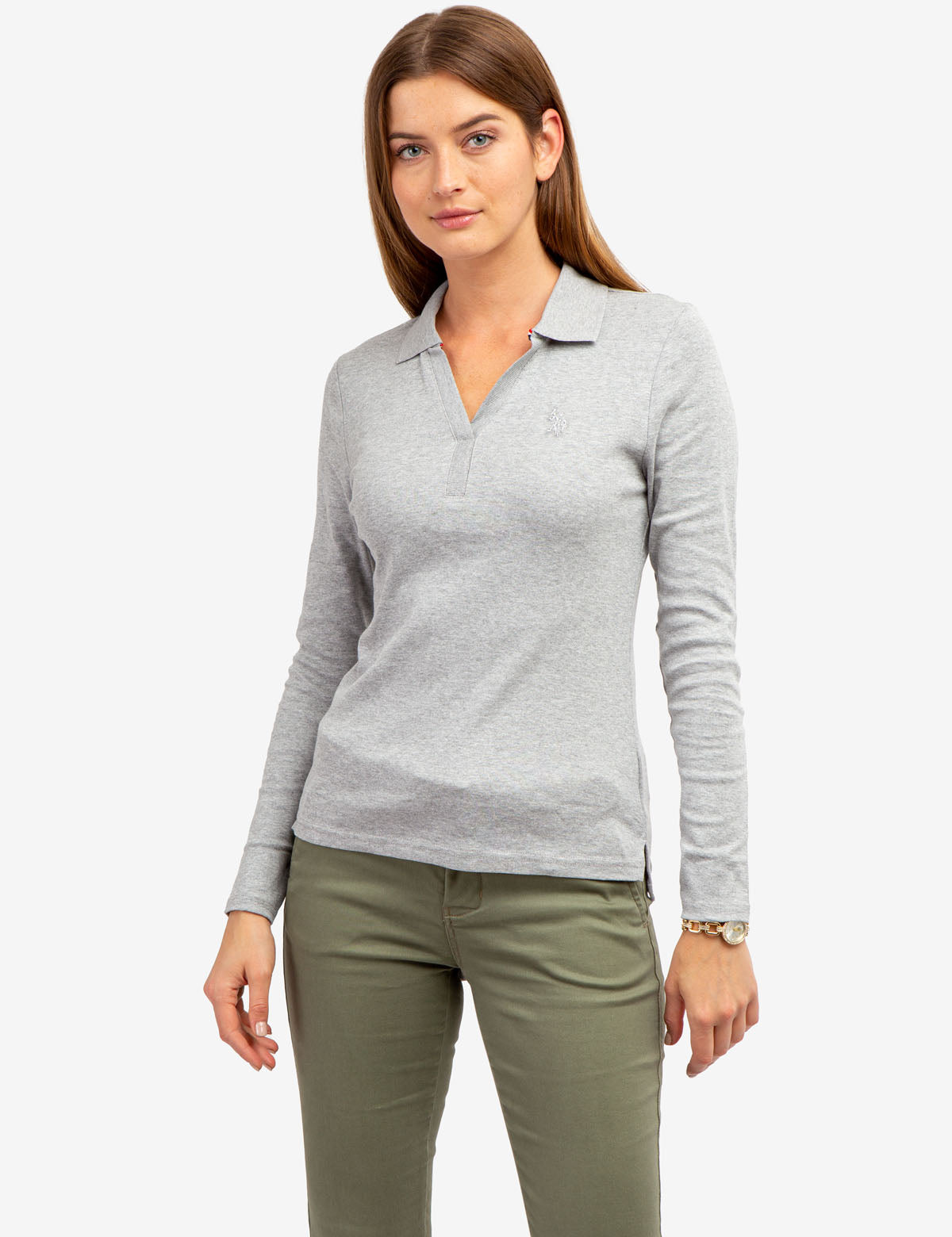 Ribbed Split Neck Long Sleeve Polo Shirt