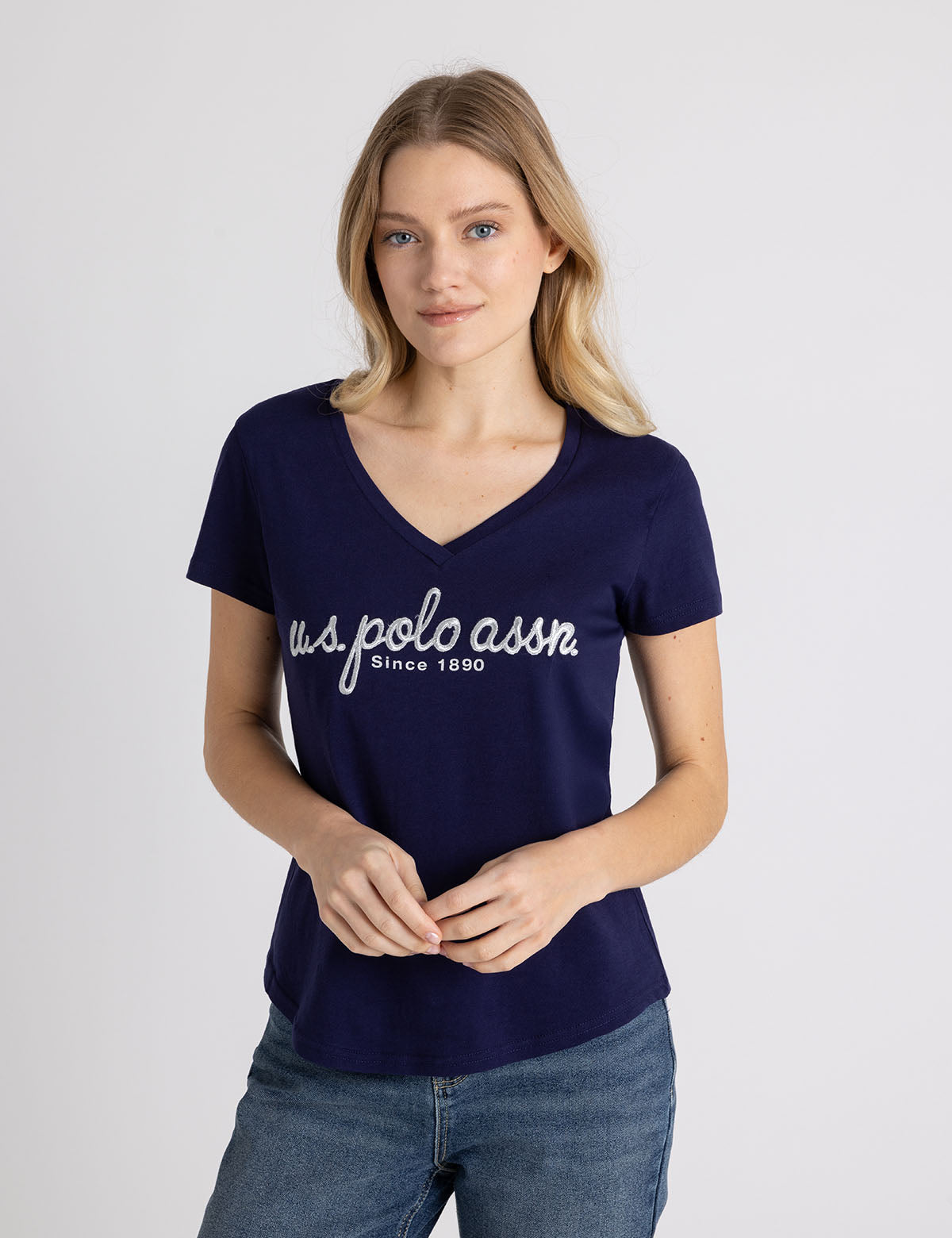 Metallic Script V-Neck T-Shirt for Women & Men