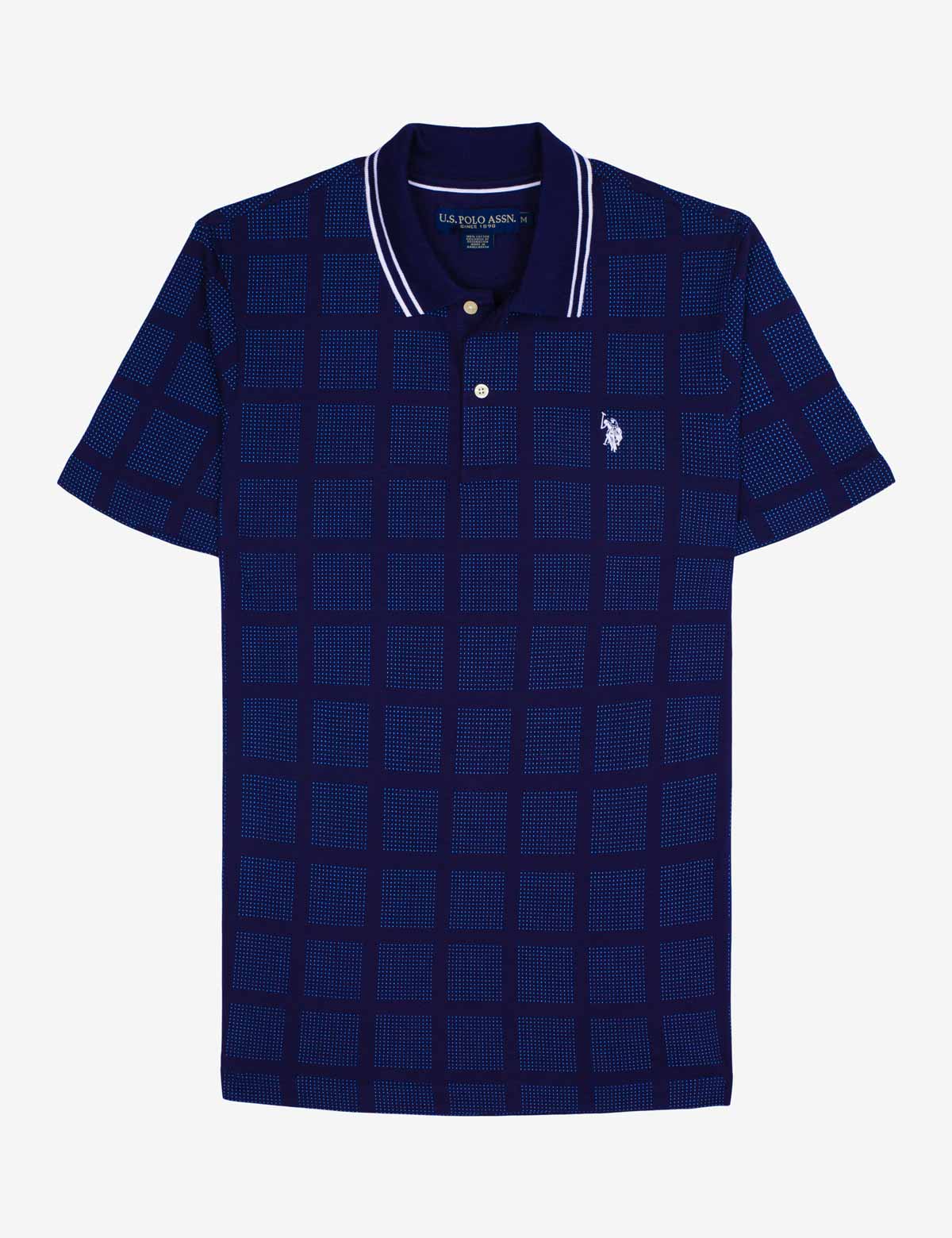 Square Print Short Sleeve Polo Shirt with Embroidered Logo