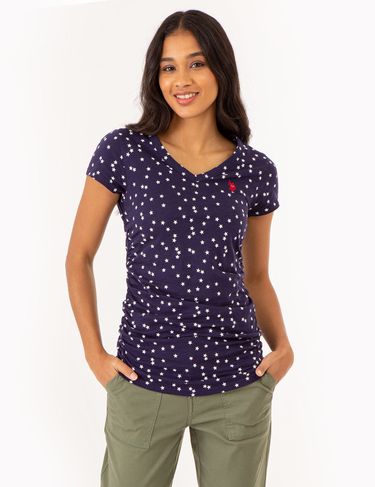 Star Print Ruched V-Neck T-Shirt for Women