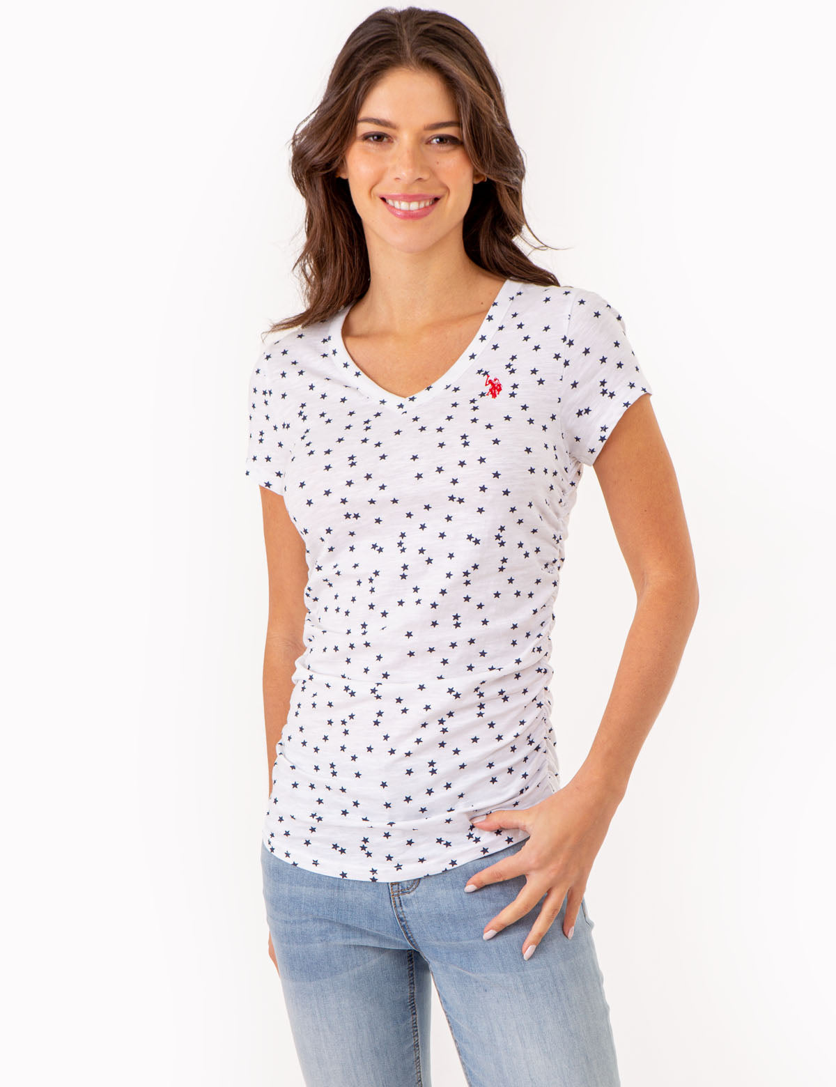 Star Print Ruched V-Neck T-Shirt for Women