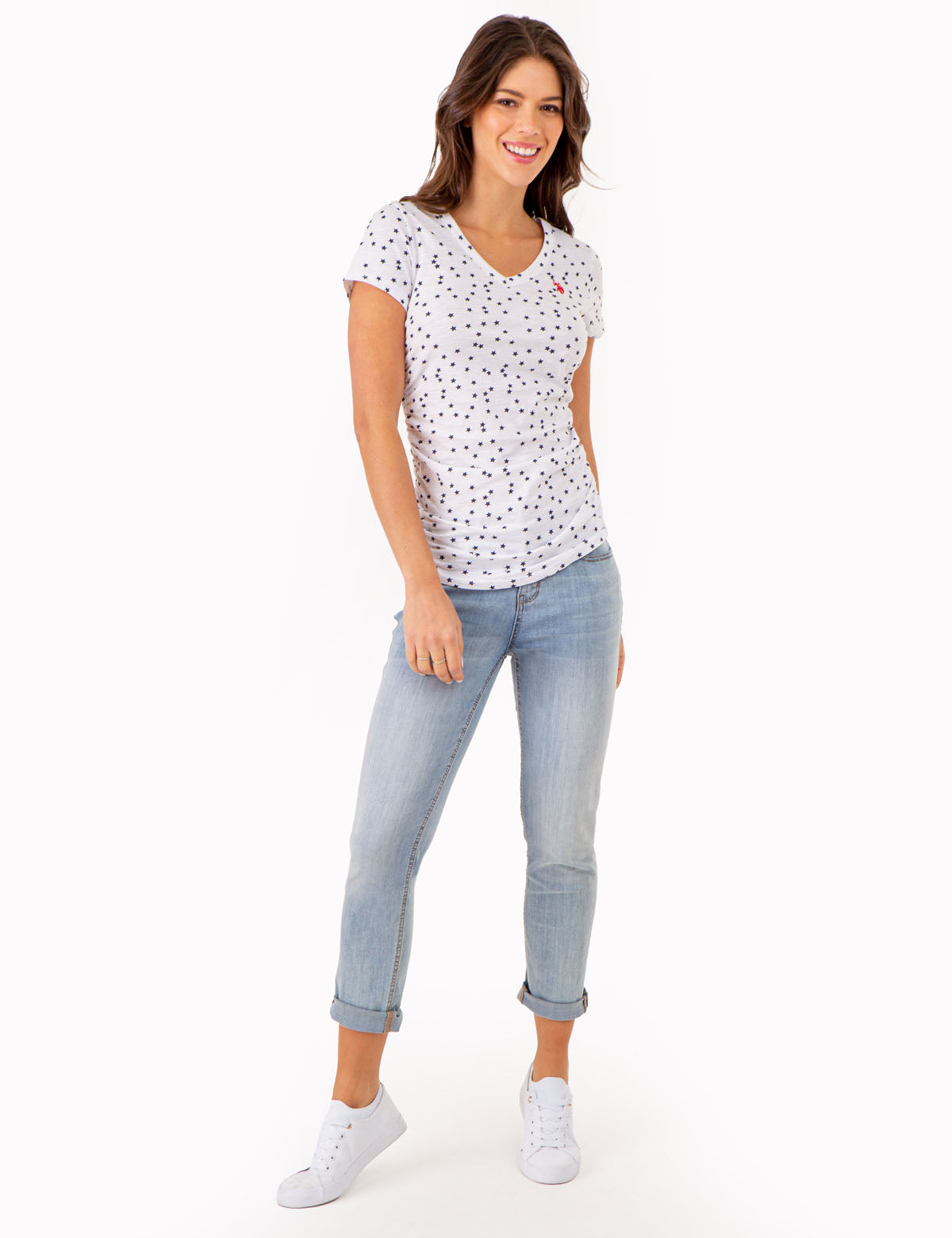 Star Print Ruched V-Neck T-Shirt for Women