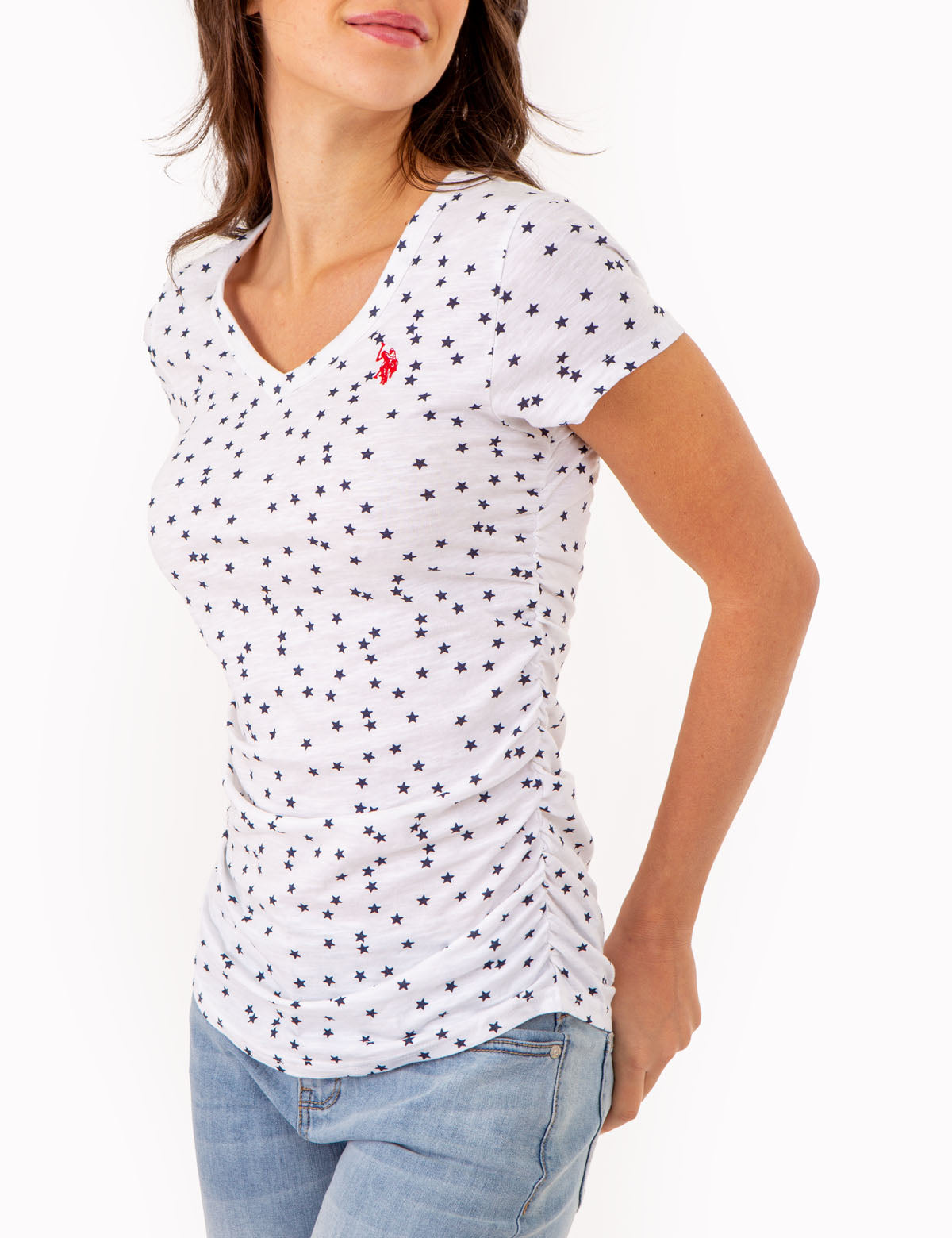 Star Print Ruched V-Neck T-Shirt for Women