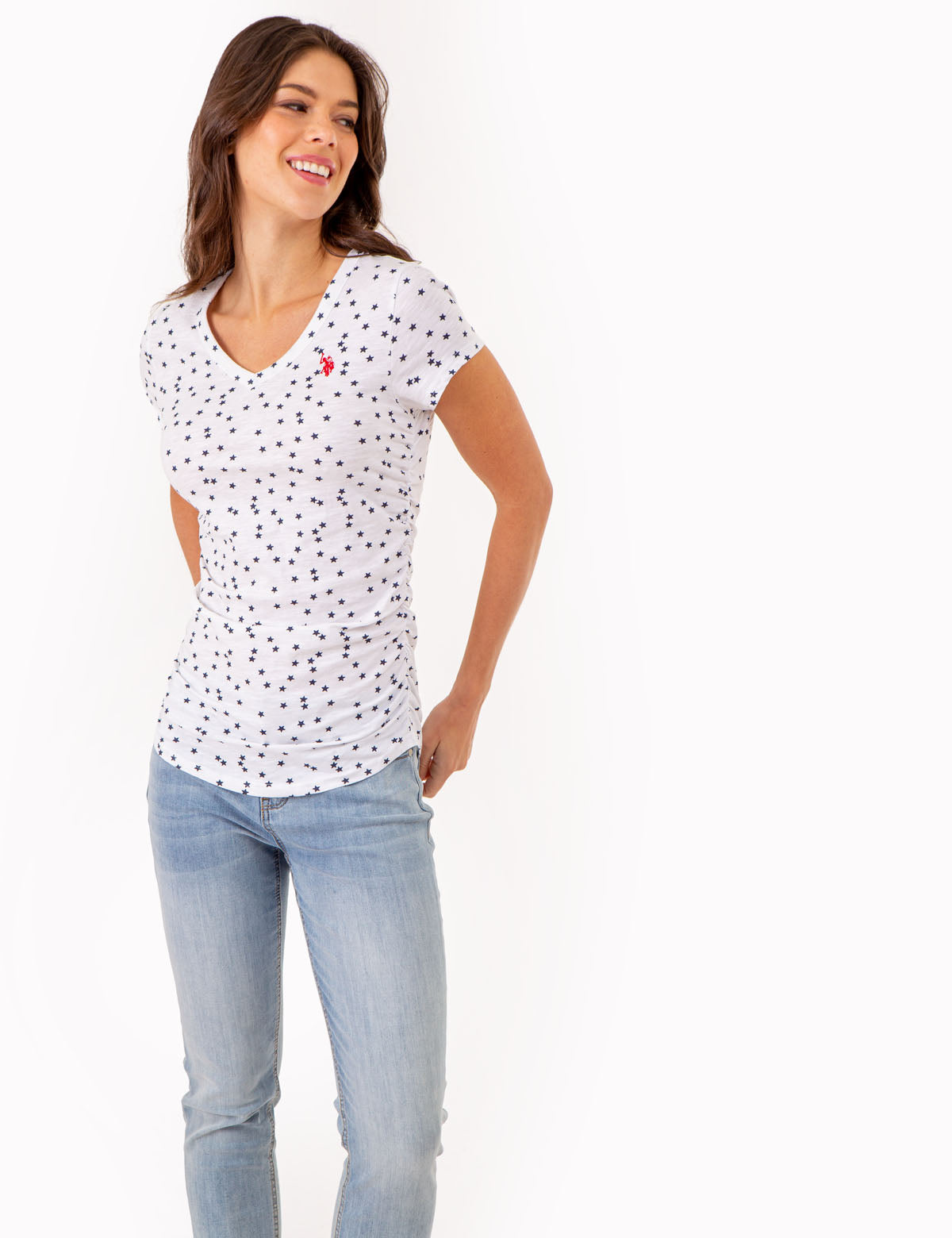 Star Print Ruched V-Neck T-Shirt for Women