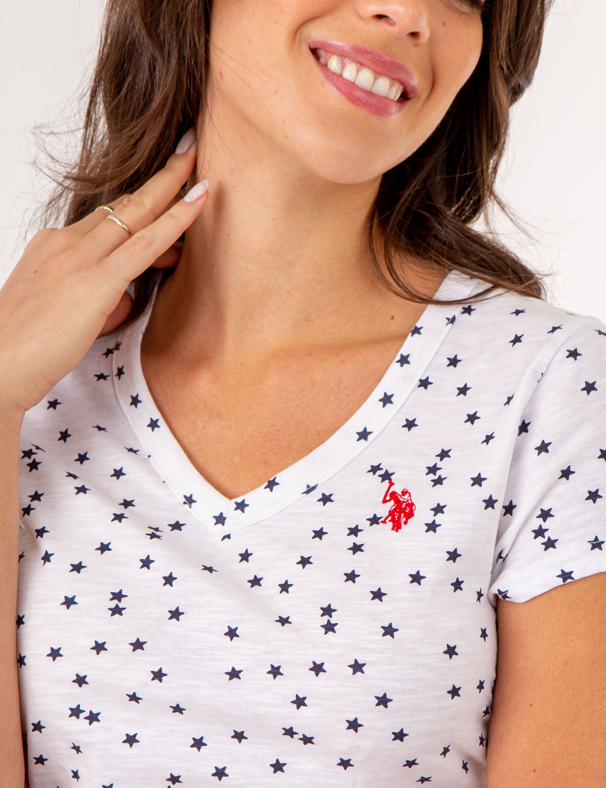 Star Print Ruched V-Neck T-Shirt for Women