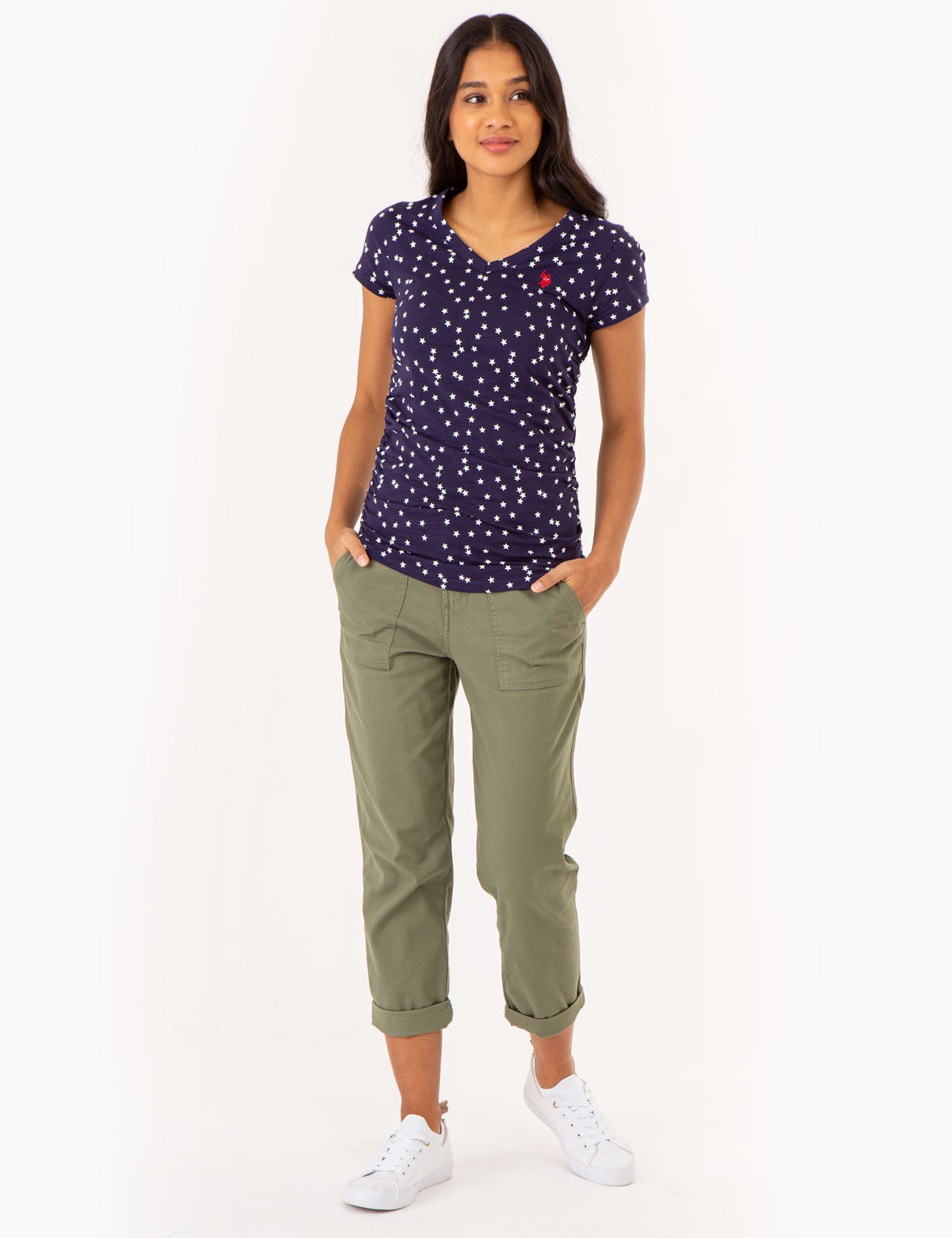 Star Print Ruched V-Neck T-Shirt for Women