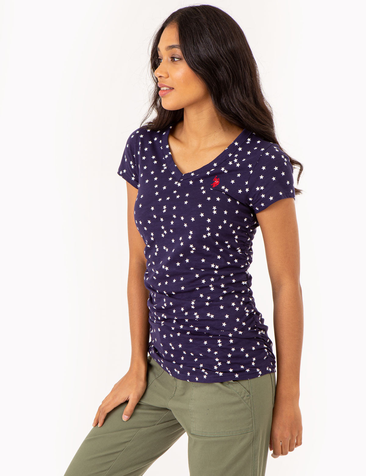 Star Print Ruched V-Neck T-Shirt for Women