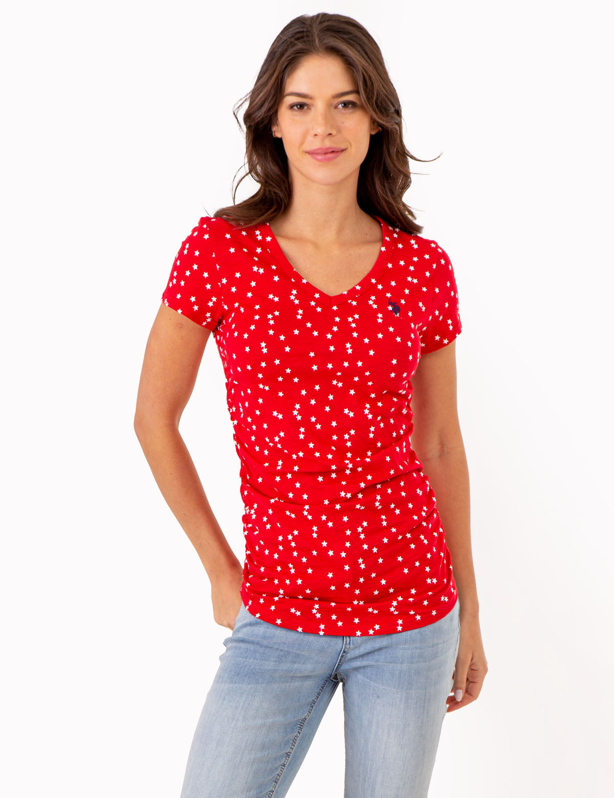 Star Print Ruched V-Neck T-Shirt for Women