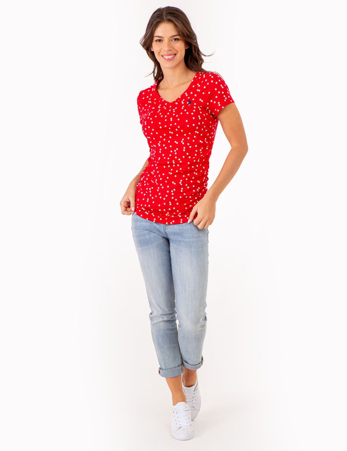 Star Print Ruched V-Neck T-Shirt for Women