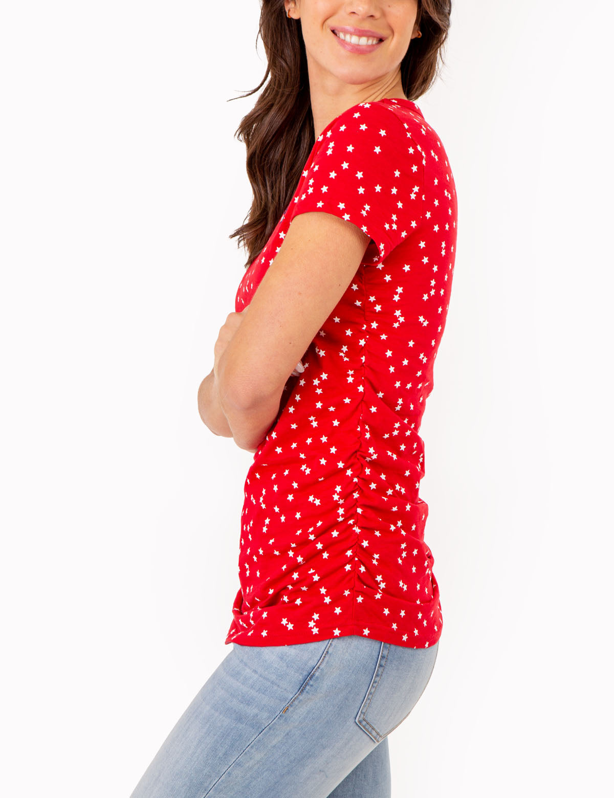Star Print Ruched V-Neck T-Shirt for Women