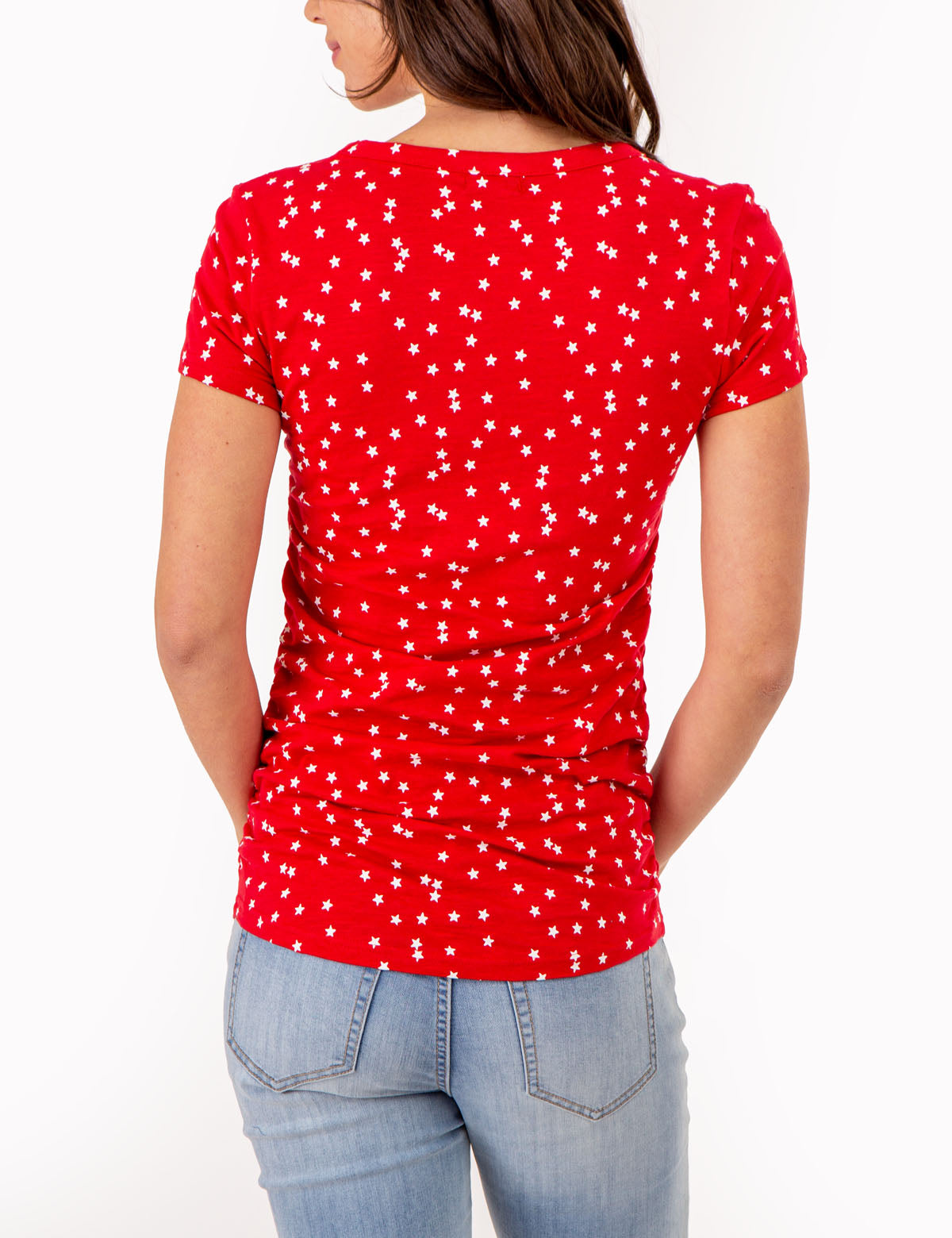 Star Print Ruched V-Neck T-Shirt for Women