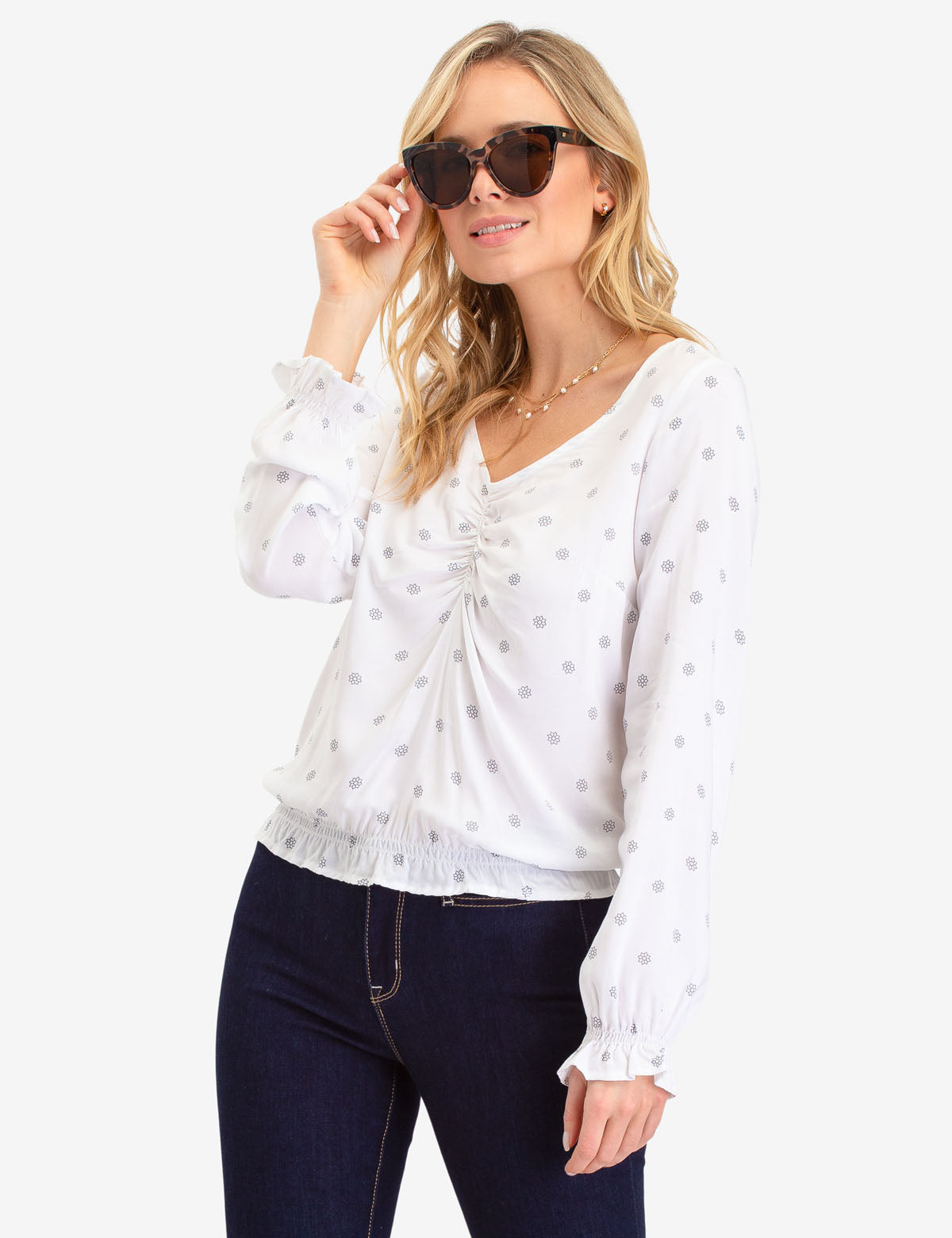 Star Print Ruffle Sleeve Blouse - V-Neck Long Sleeve Top
