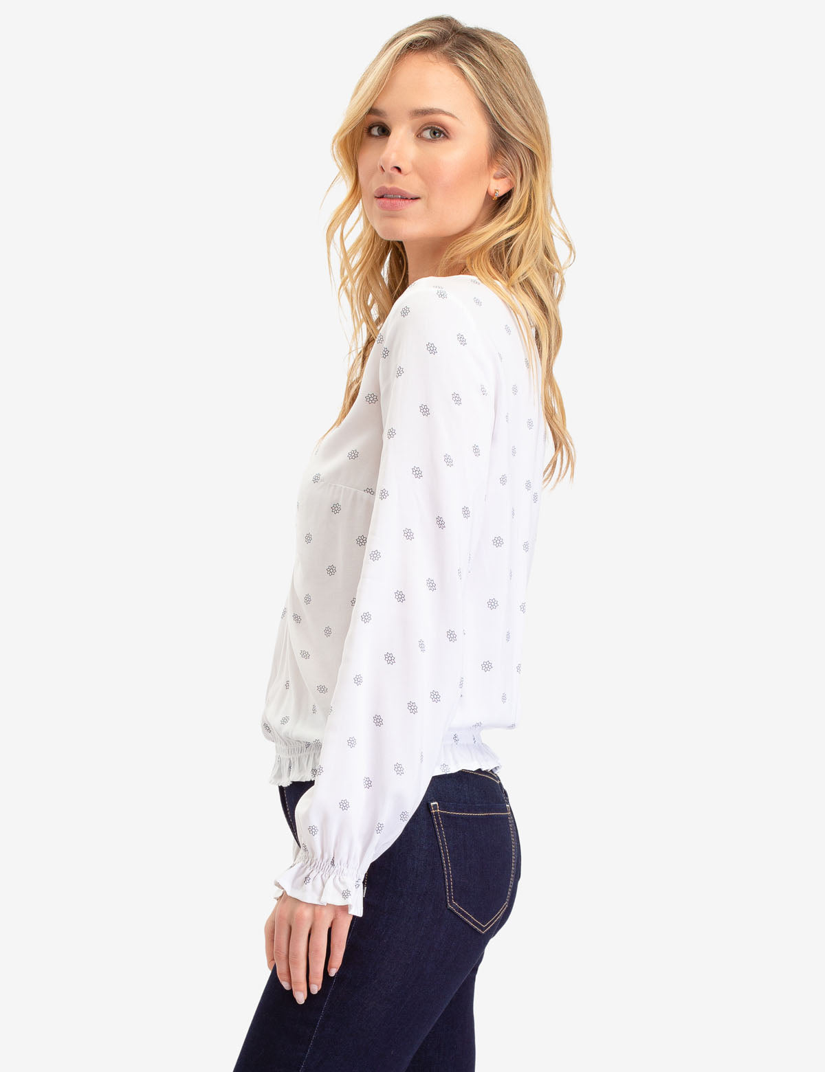 Star Print Ruffle Sleeve Blouse - V-Neck Long Sleeve Top