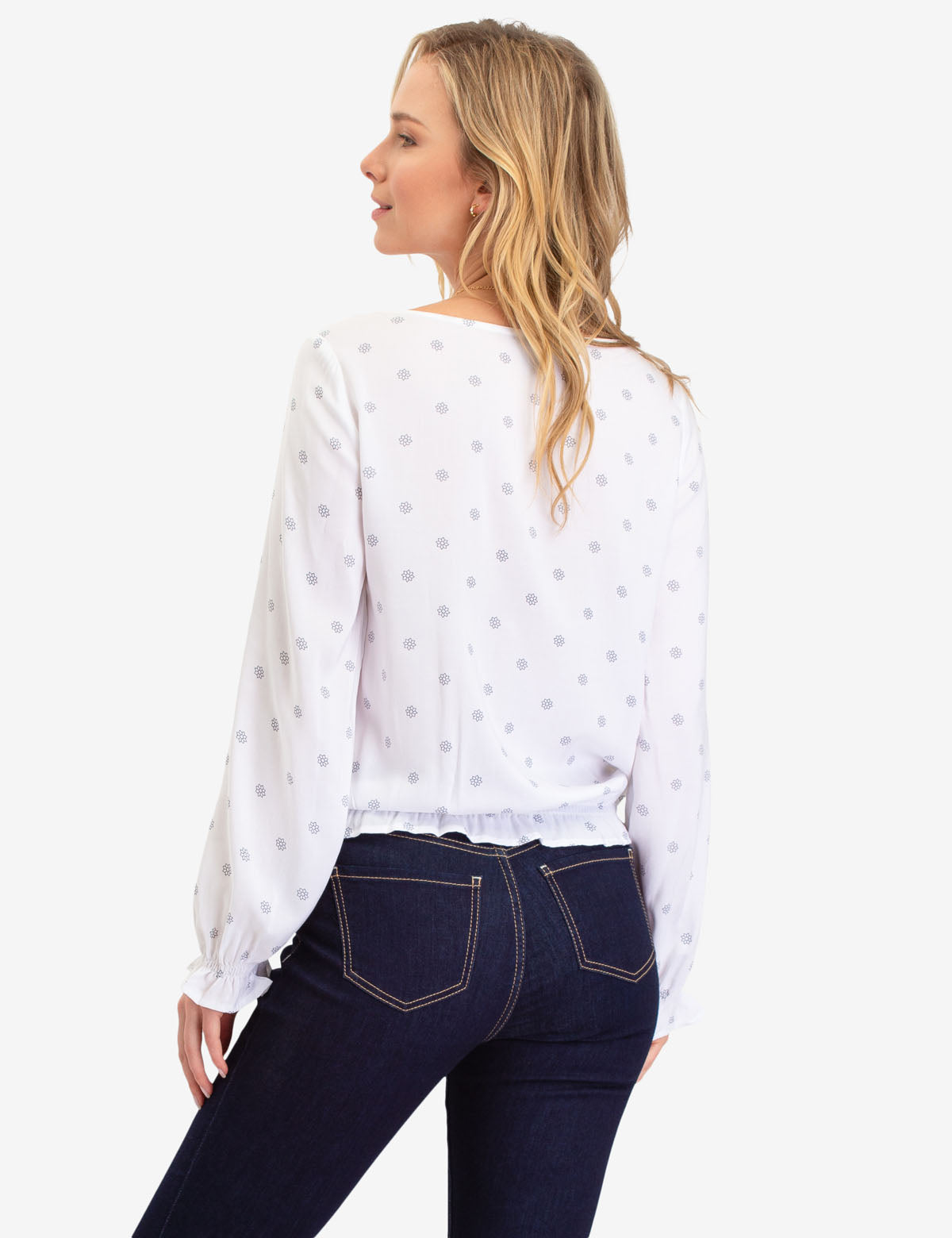 Star Print Ruffle Sleeve Blouse - V-Neck Long Sleeve Top