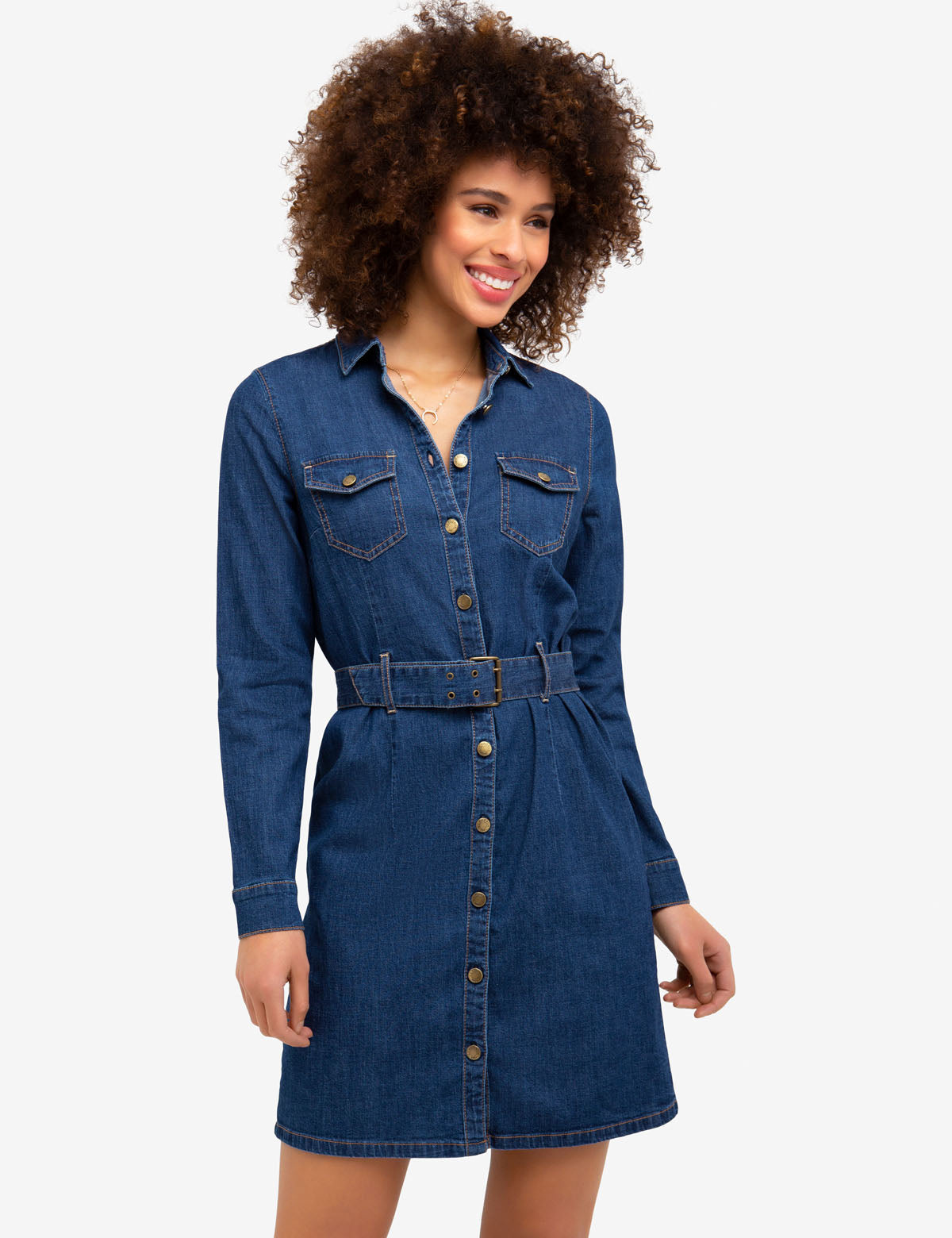 Stretch Denim Shirt Dress with Belt - Cotton Spandex Fit