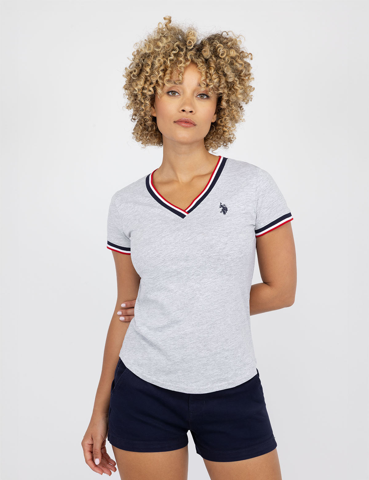 Women's V-Neck Striped Trim T-Shirt – Signature Style
