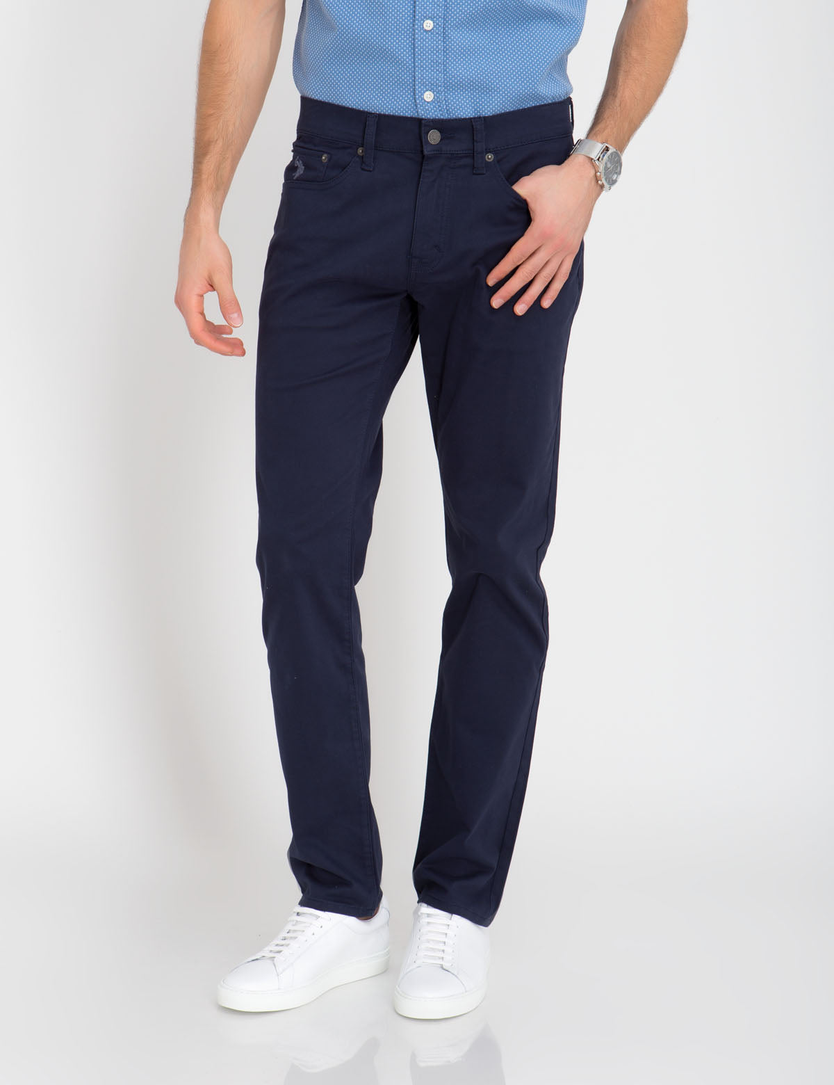 Stretch Slim Sateen Pants with Button Closure & Zip Fly