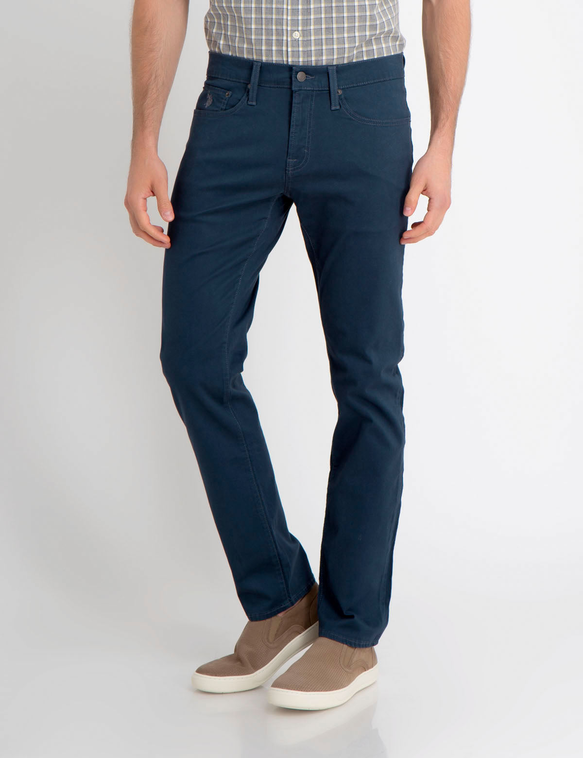 Stretch Slim Sateen Pants with Button Closure & Zip Fly