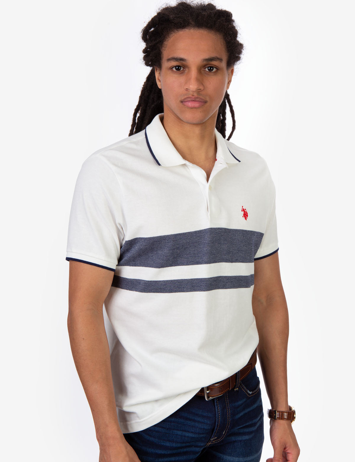 Men's Stripe Jacquard Pique Polo Shirt - Classic Fit, Short Sleeve