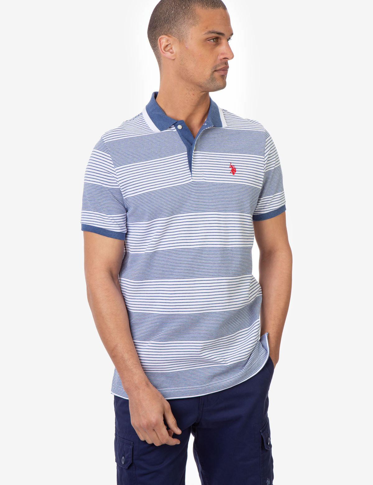 USPA Striped Pique Polo Shirt with Contrast Details