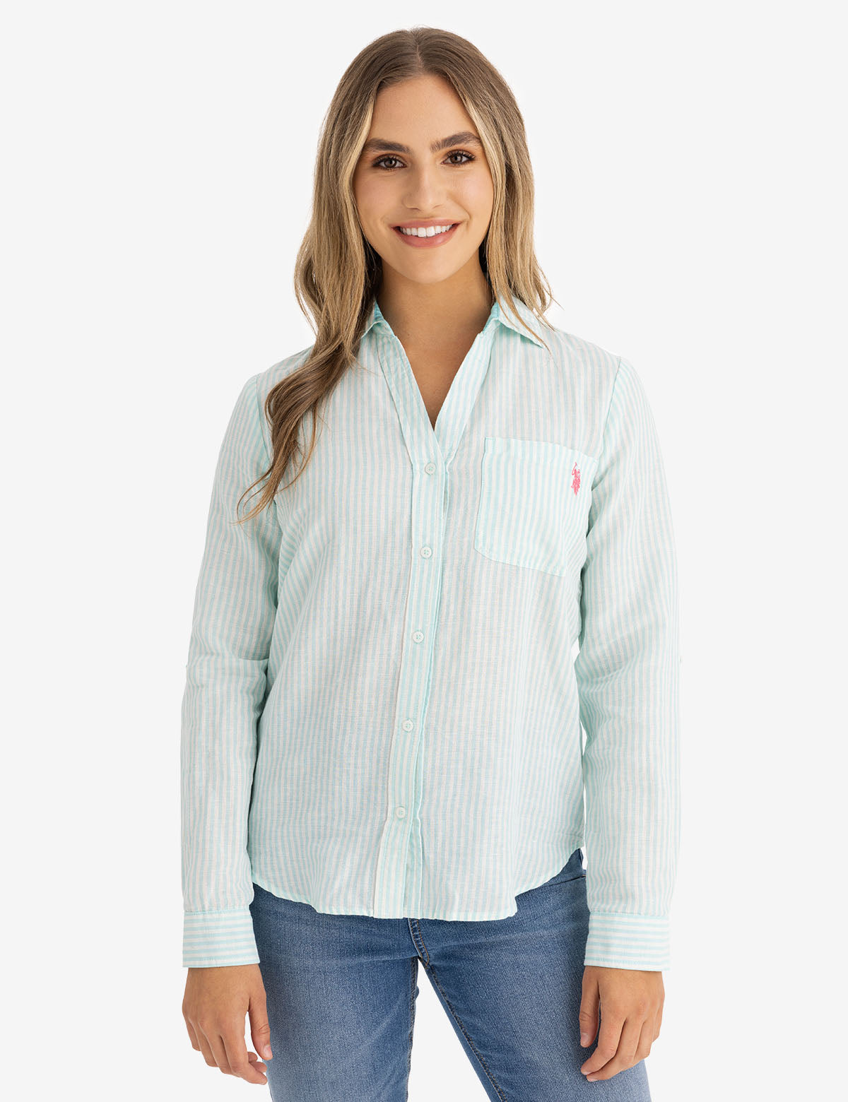 Casual Striped Roll-Up Sleeve Woven Shirt