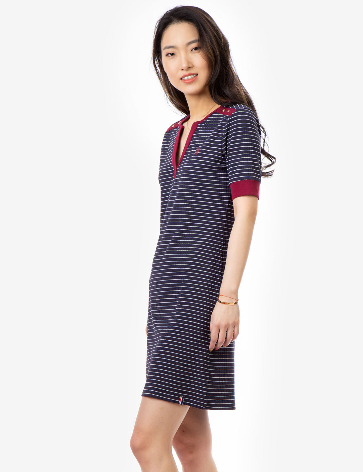 Women's Striped Split Neck Dress with Contrast Cuffs
