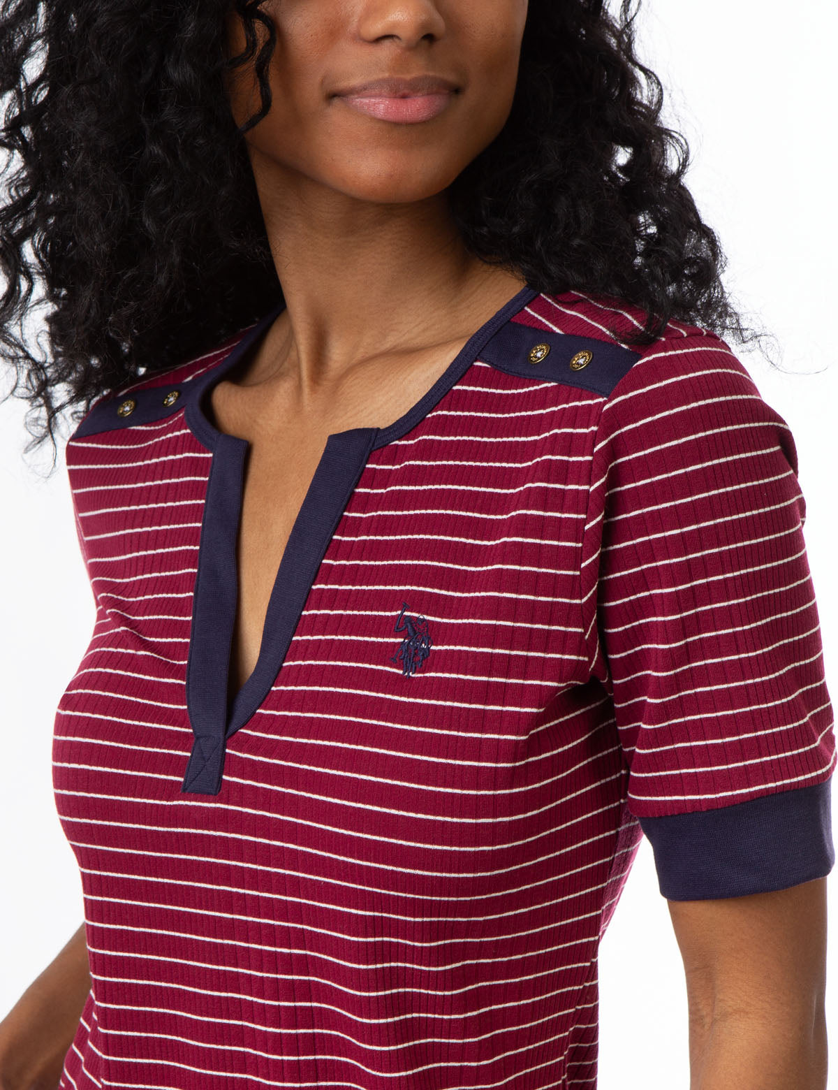 Women's Striped Split Neck Dress with Contrast Cuffs