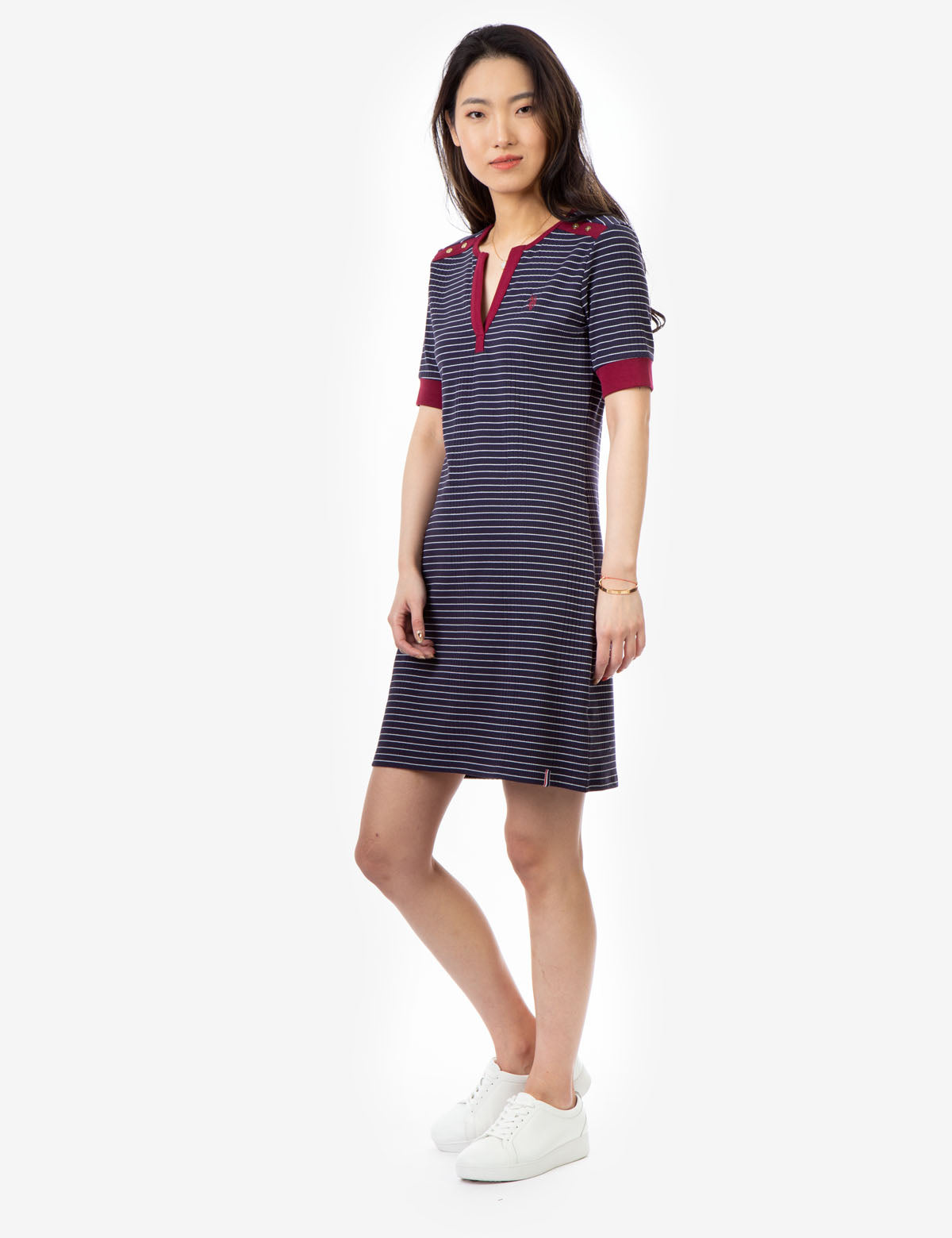 Women's Striped Split Neck Dress with Contrast Cuffs