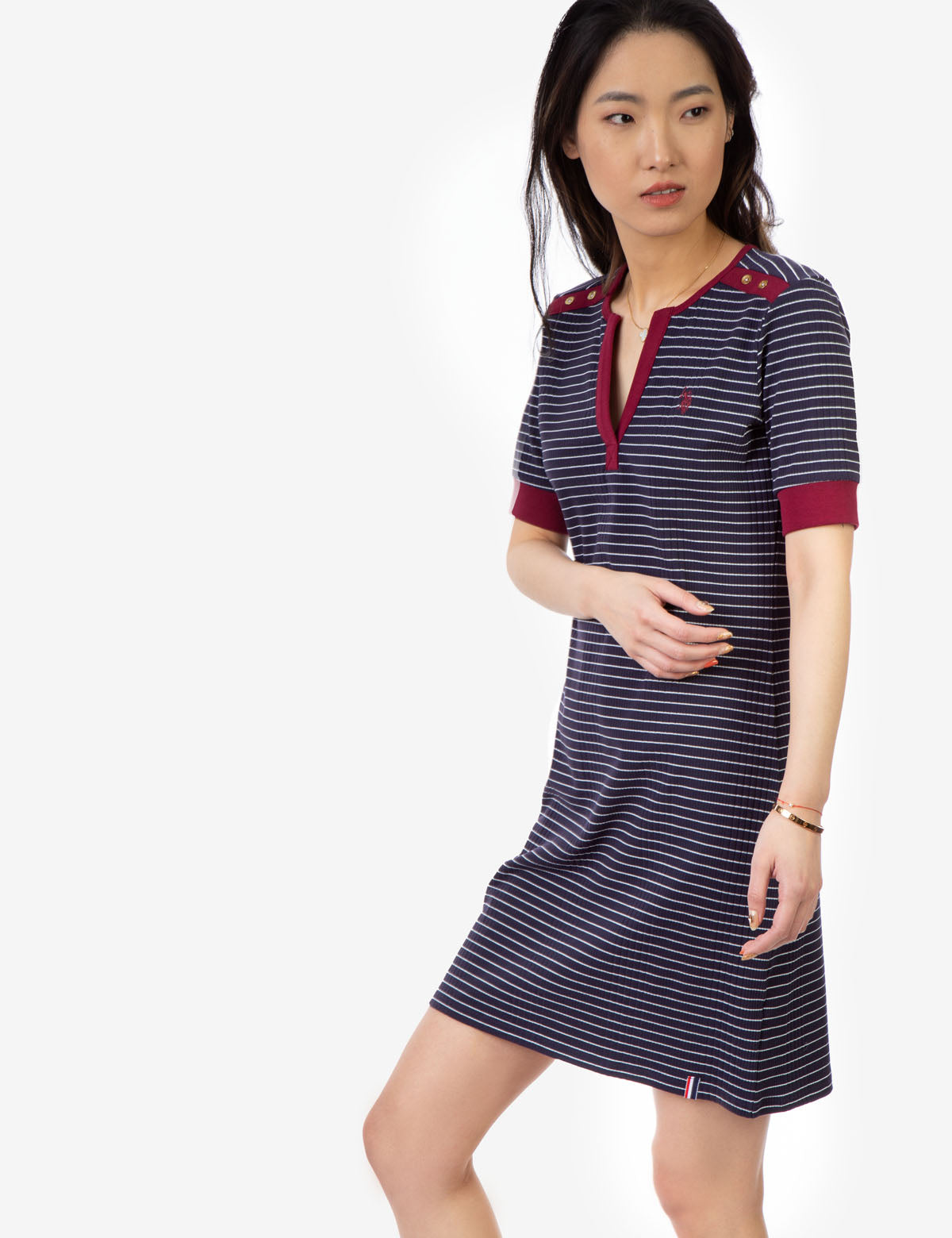 Women's Striped Split Neck Dress with Contrast Cuffs