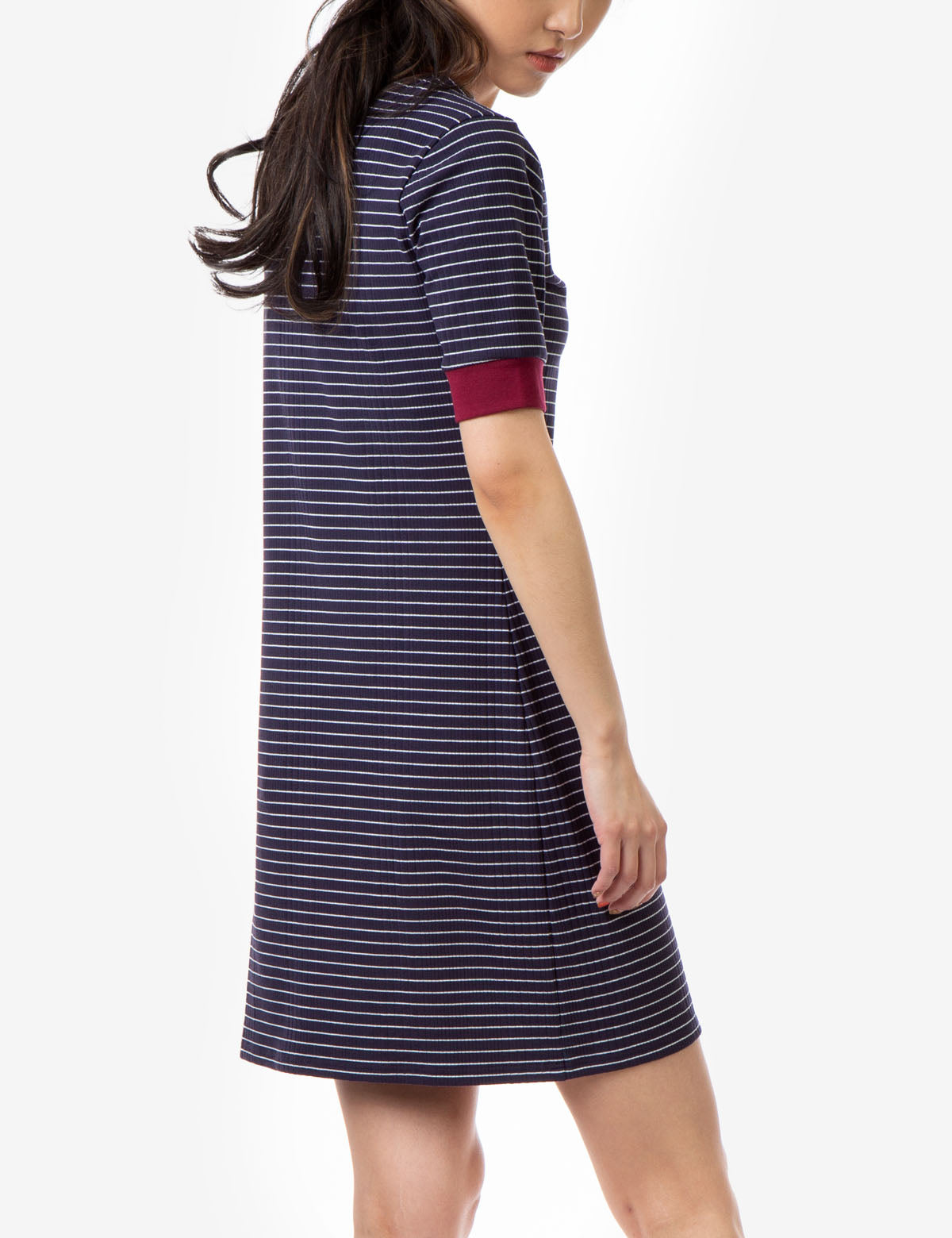 Women's Striped Split Neck Dress with Contrast Cuffs