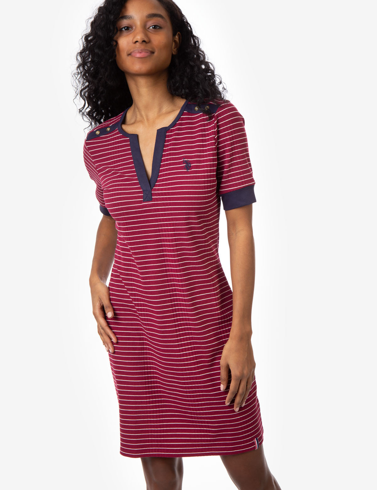 Women's Striped Split Neck Dress with Contrast Cuffs