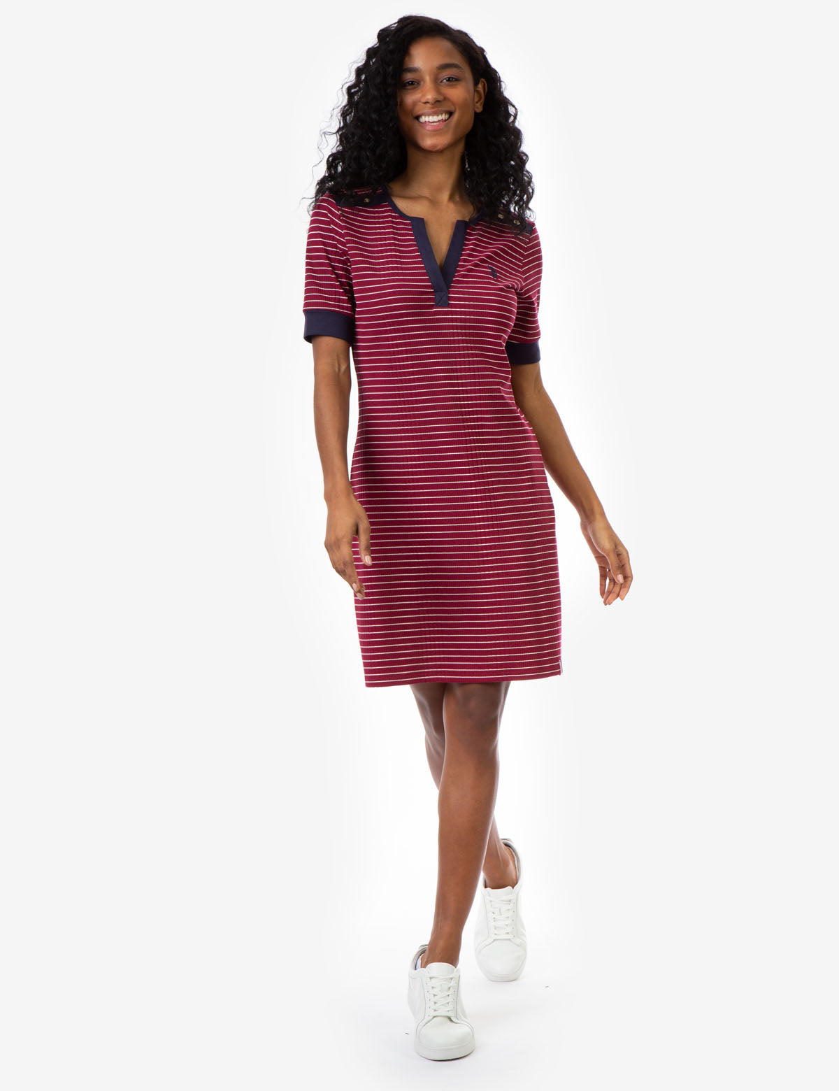 Women's Striped Split Neck Dress with Contrast Cuffs