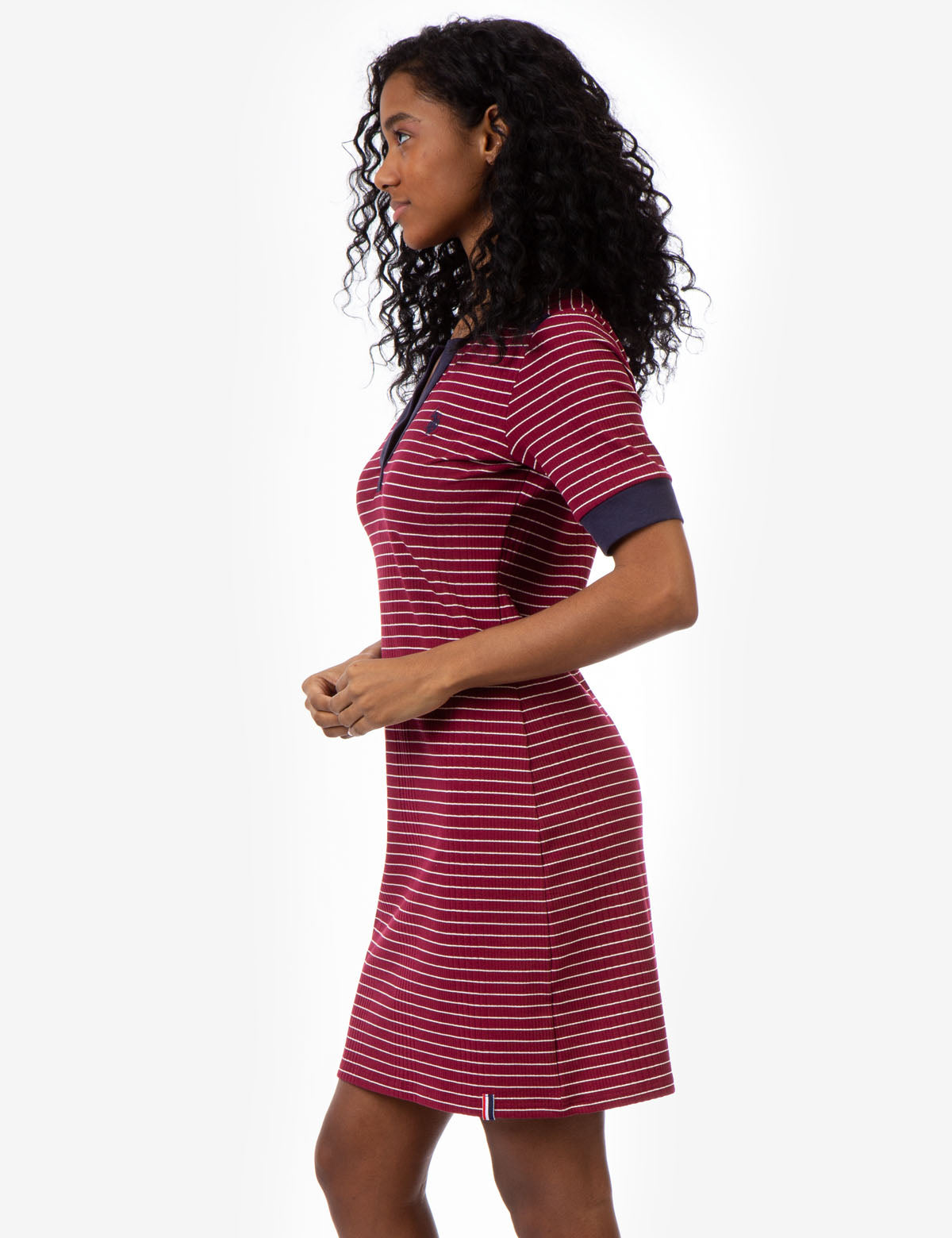Women's Striped Split Neck Dress with Contrast Cuffs