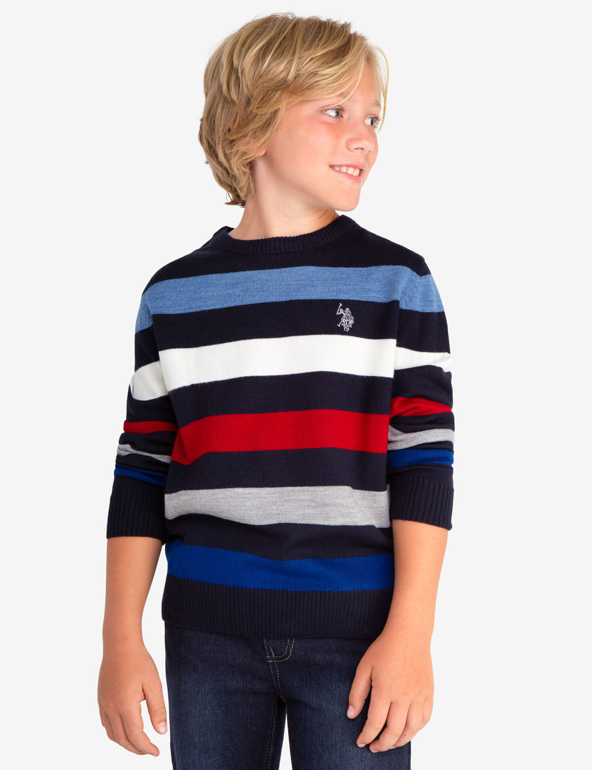 Striped Crew Neck Sweater with Embroidered Logo - 100% Acrylic