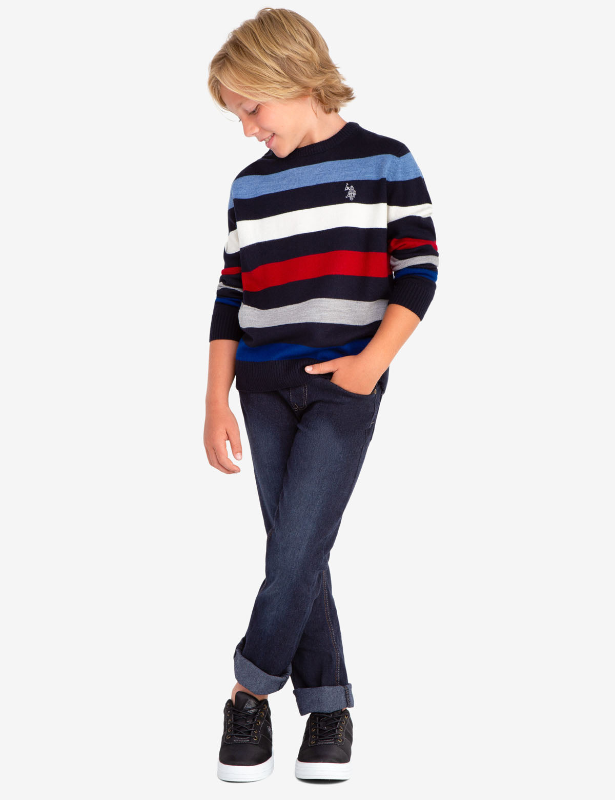 Striped Crew Neck Sweater with Embroidered Logo - 100% Acrylic