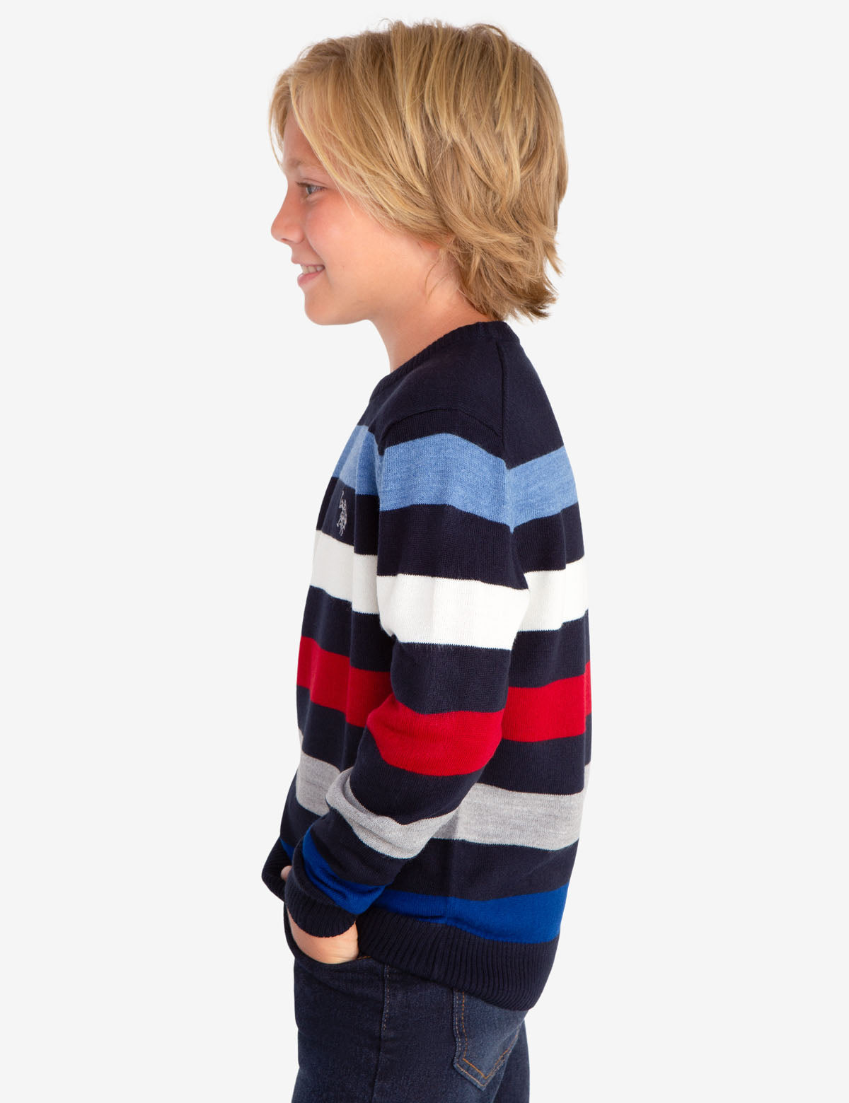 Striped Crew Neck Sweater with Embroidered Logo - 100% Acrylic