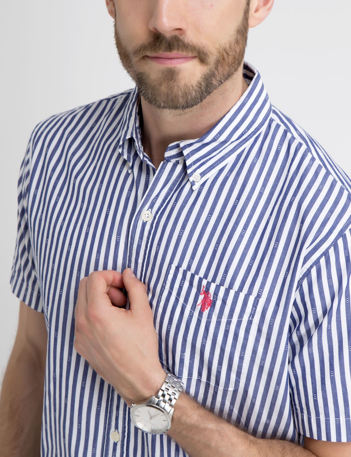 Men's Cotton Striped Dobby Shirt with Embroidered Logo