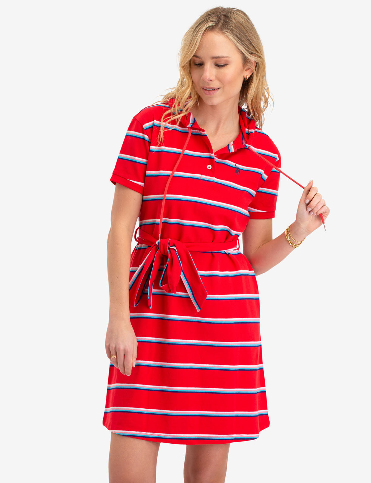 Women's Striped Hoodie Dress with Belted Waist & Side Pockets