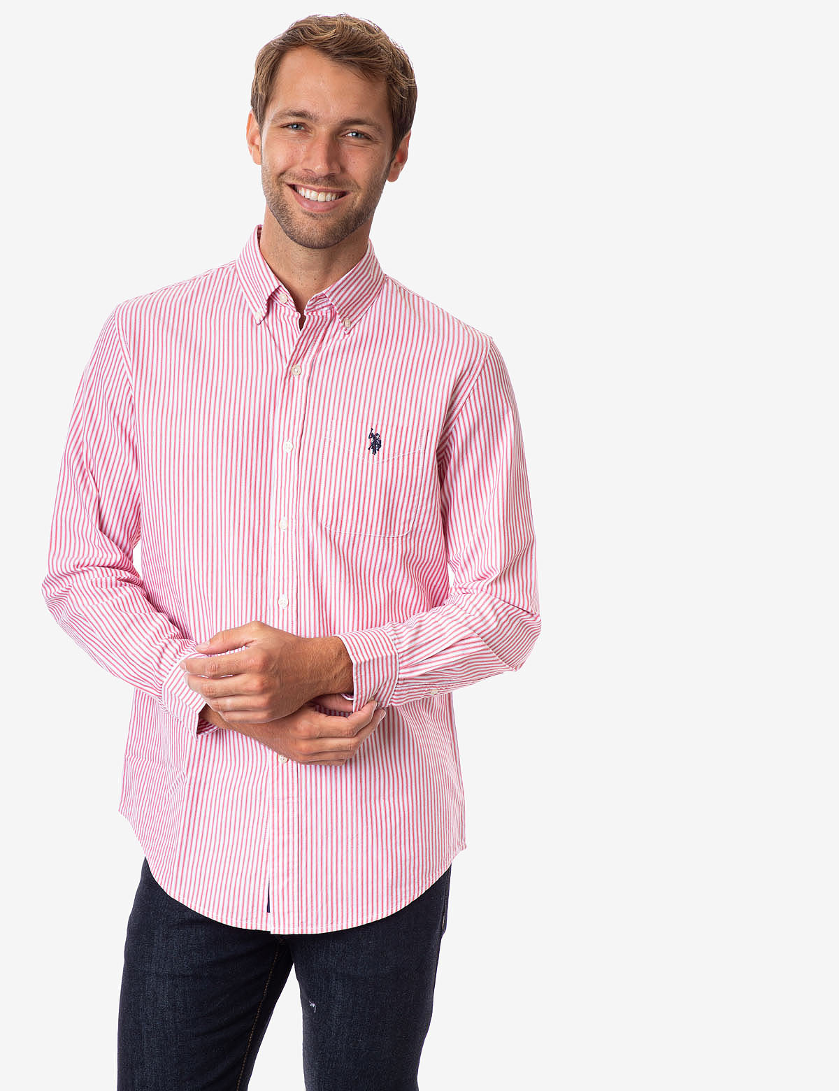 Men's Striped Oxford Long Sleeve Shirt with Button Cuffs