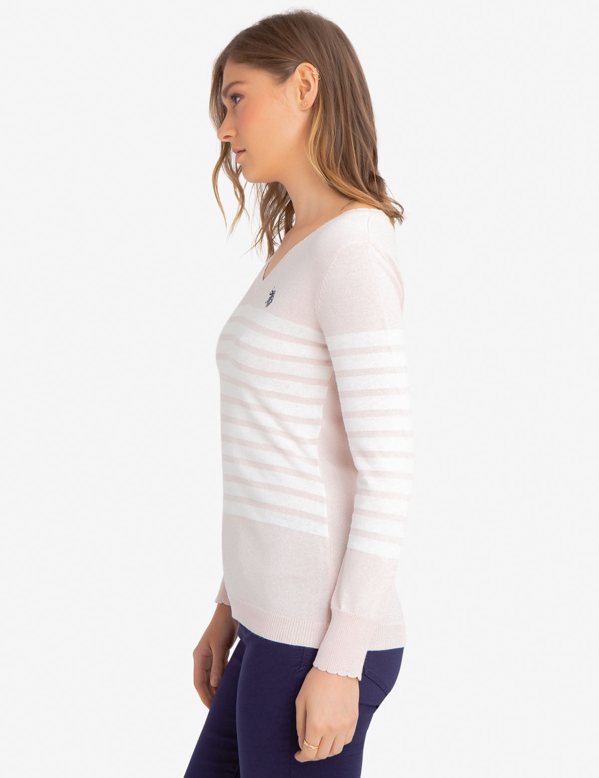 Women's Striped Lurex V-Neck Sweater with Scalloped Edges