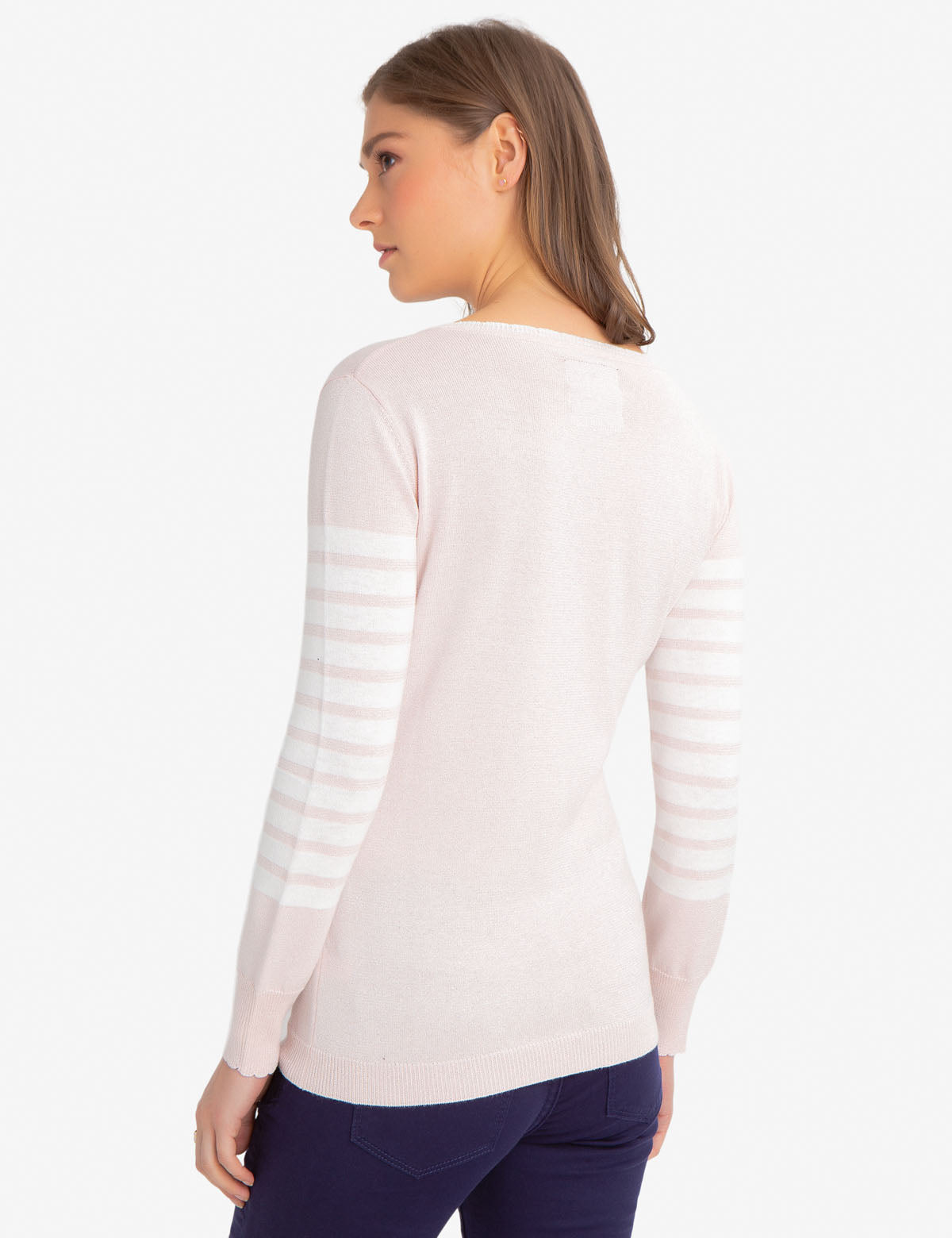 Women's Striped Lurex V-Neck Sweater with Scalloped Edges