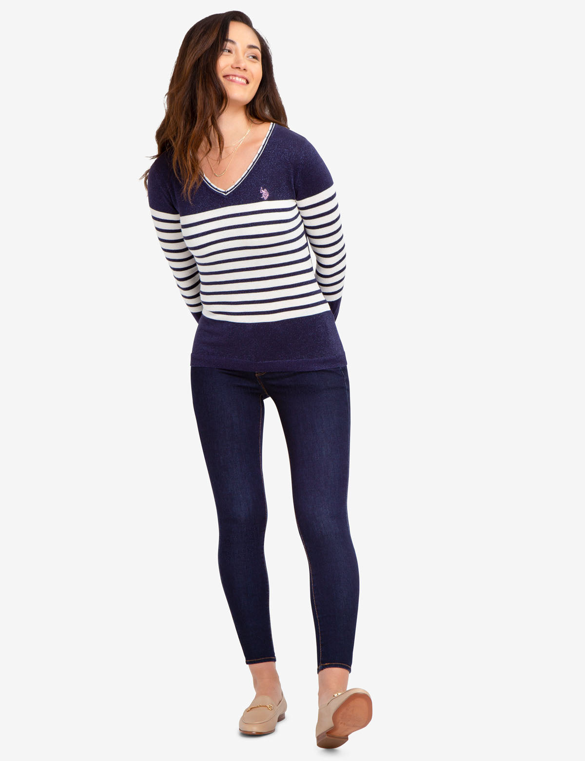 Women's Striped Lurex V-Neck Sweater with Scalloped Edges