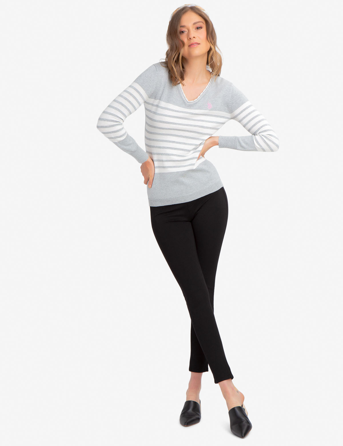 Women's Striped Lurex V-Neck Sweater with Scalloped Edges