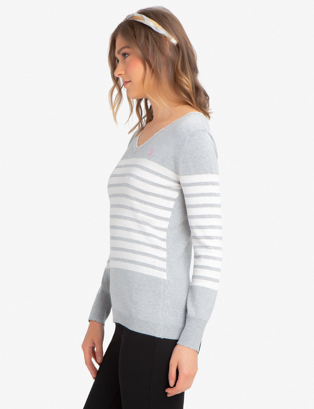 Women's Striped Lurex V-Neck Sweater with Scalloped Edges
